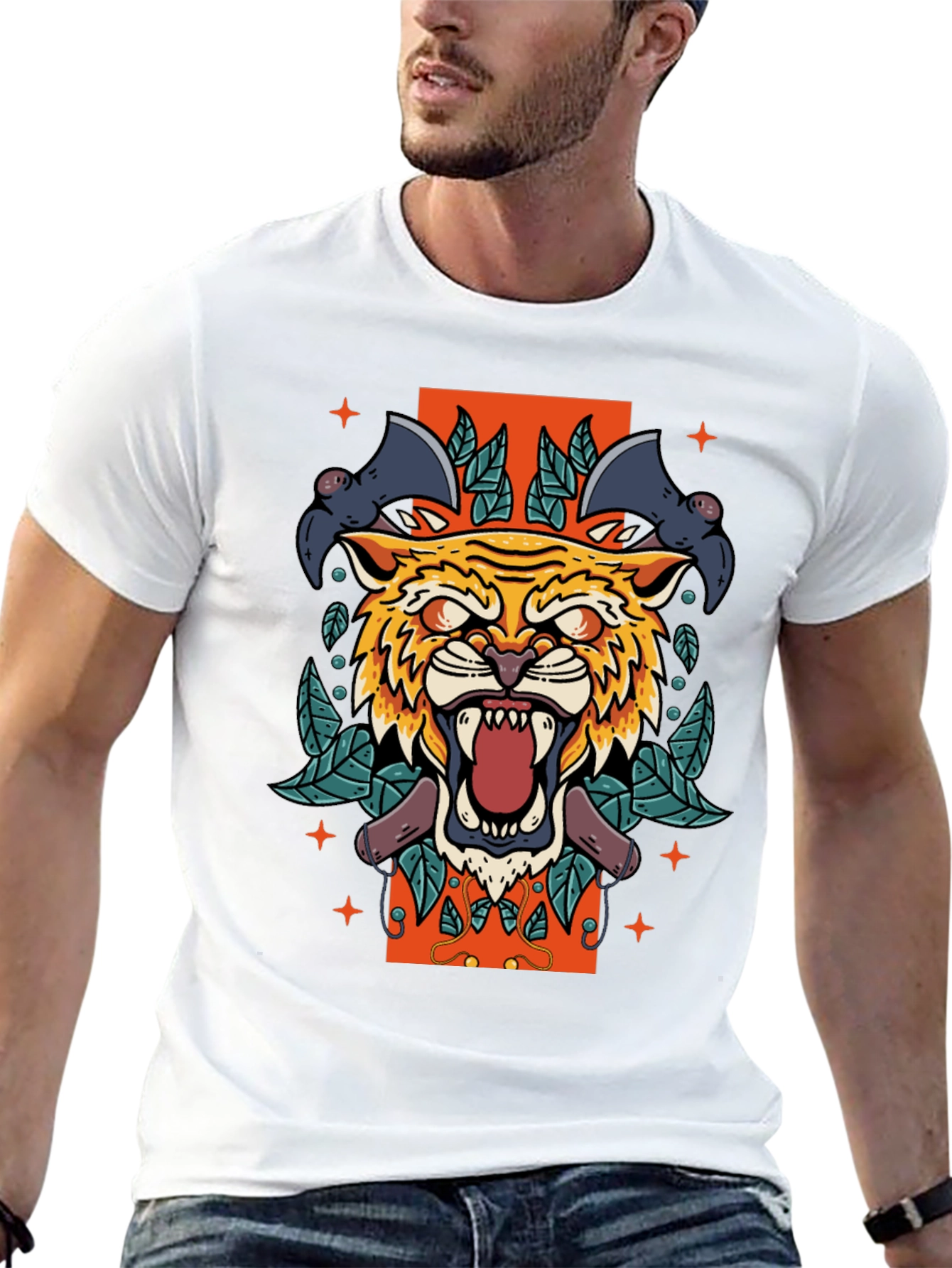 Tiger & Bats Graphic Print Black T-Shirt