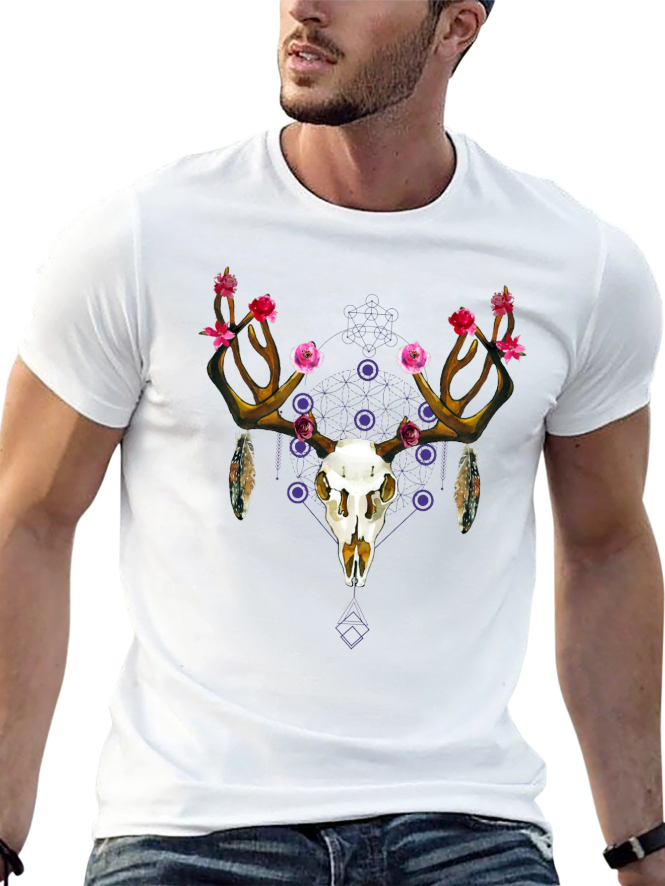 Floral Deer Skull Graphic Tee - Black Cotton