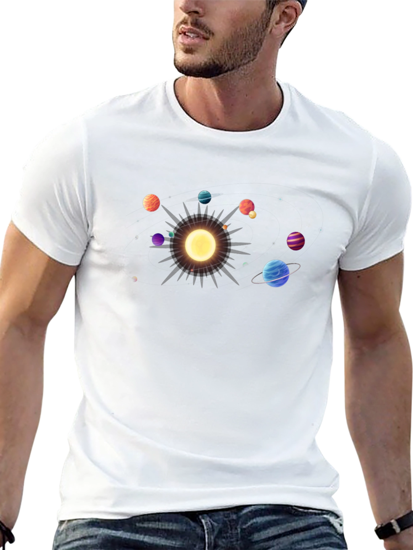 Solar System Graphic Tee - Black Cotton Casual Shirt