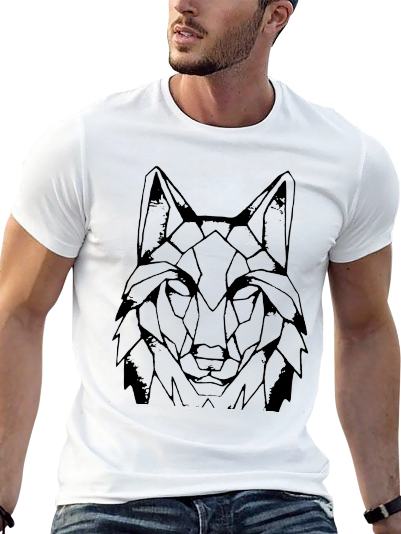 Geometric Wolf Graphic Print Tee - Modern Black T-Shirt
