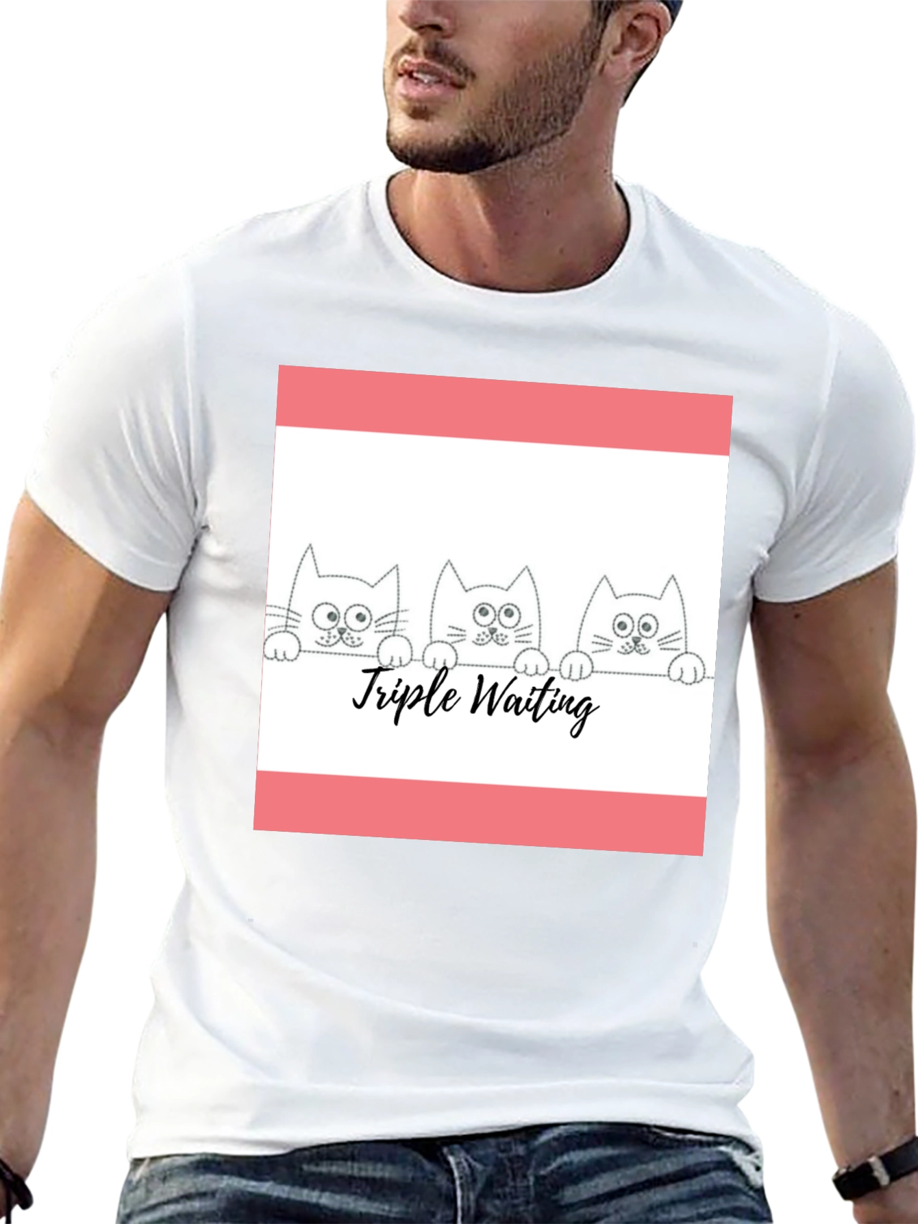 Triple Waiting Cats Black T-Shirt - Cute Graphic Tee