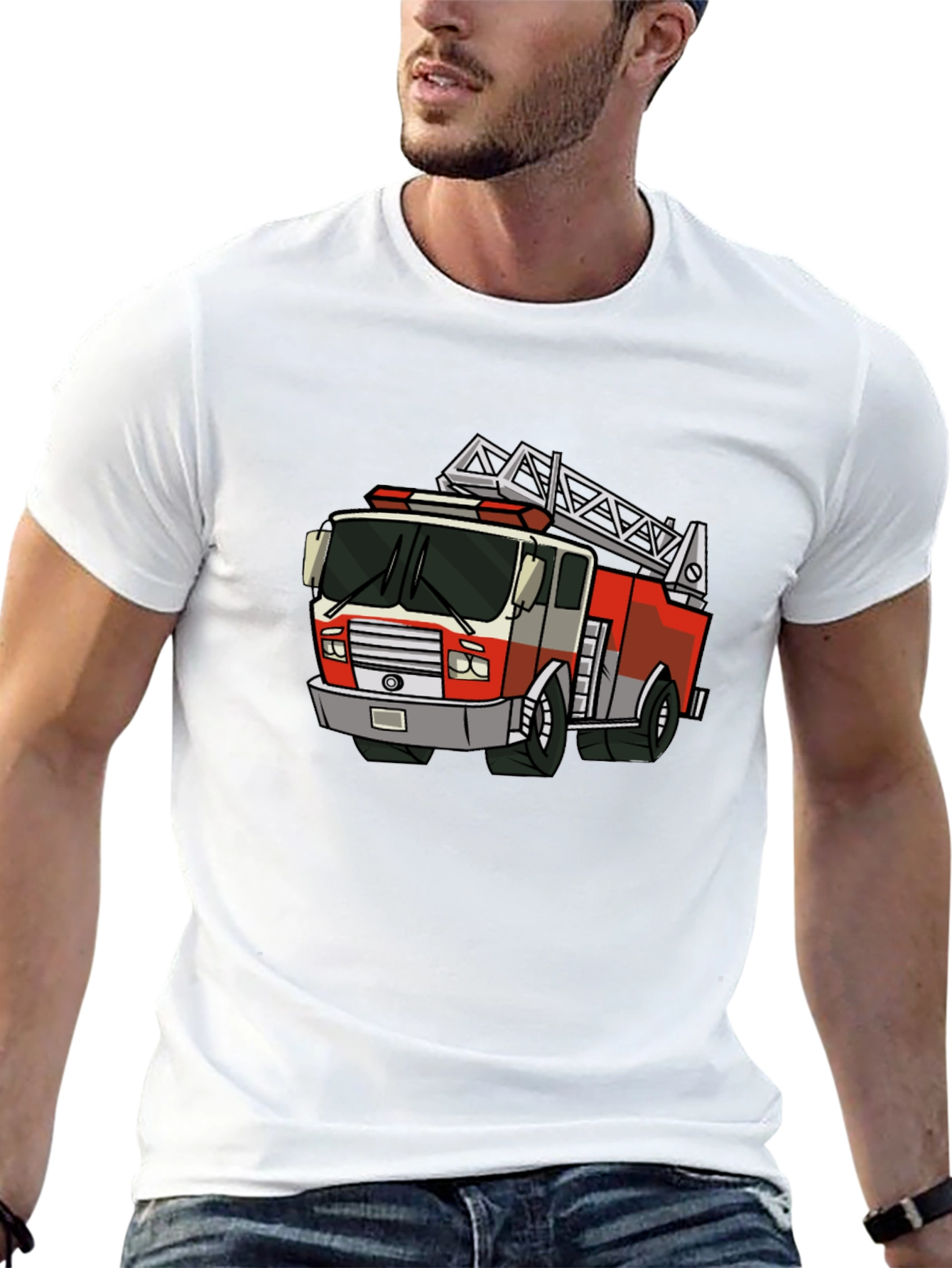 Cartoon Fire Truck Graphic Tee - Black