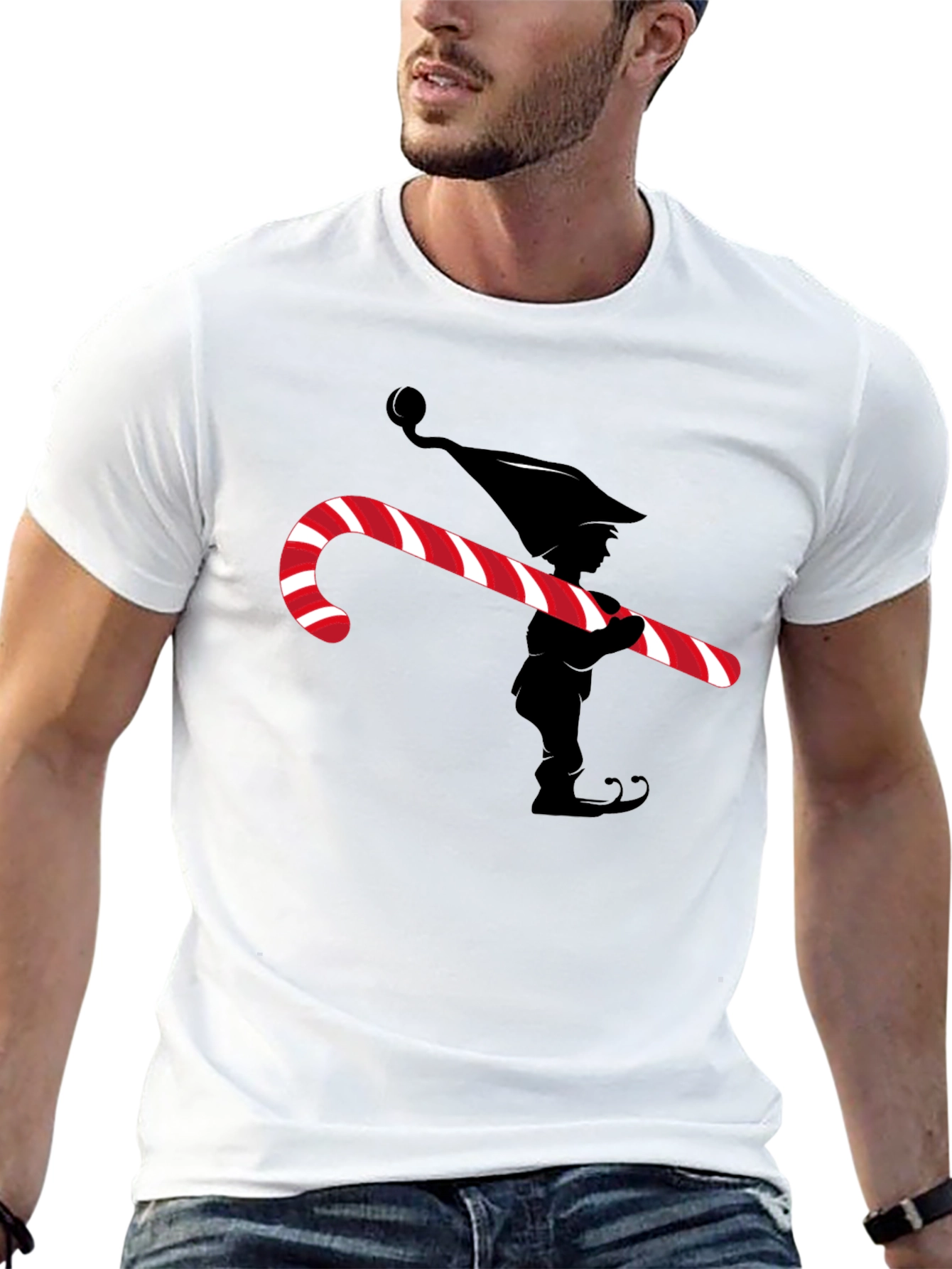Elf with Candy Cane Graphic Tee - Christmas T-Shirt