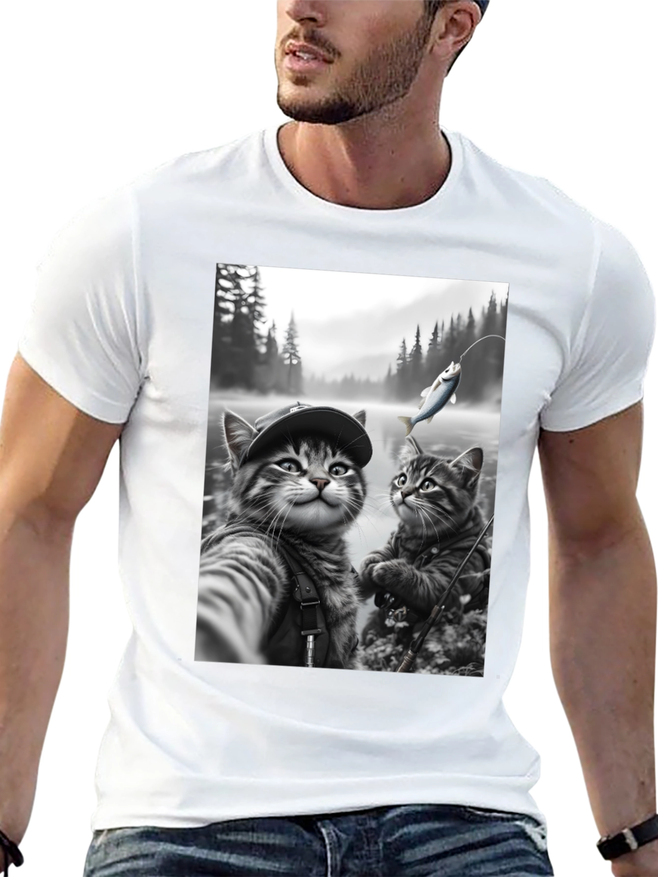 Fishing Cats Graphic Tee - Black Cotton Blend