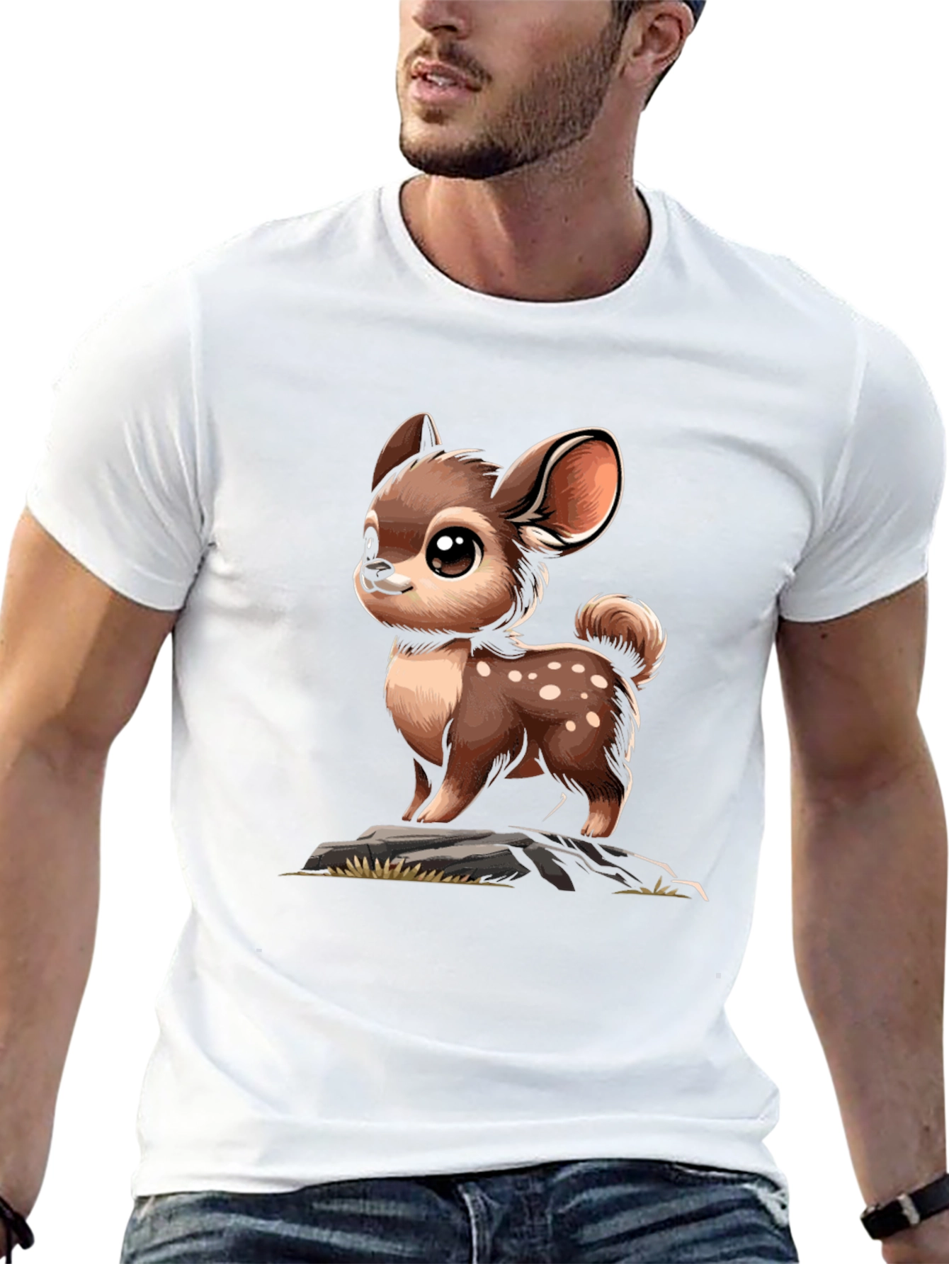 Cute Deer Cartoon Graphic Black T-Shirt