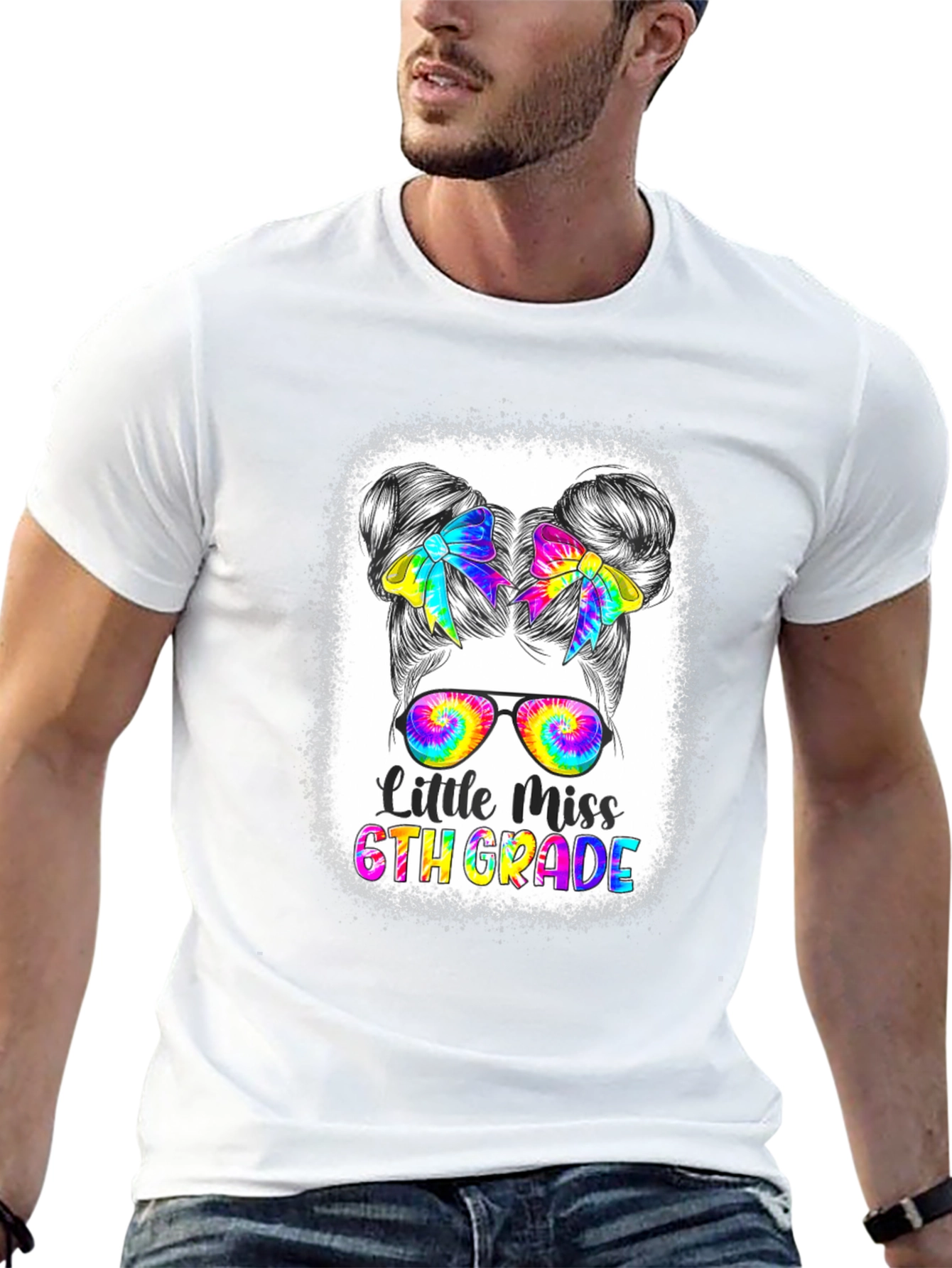 Little Miss 6th Grade Tie-Dye Messy Bun T-Shirt