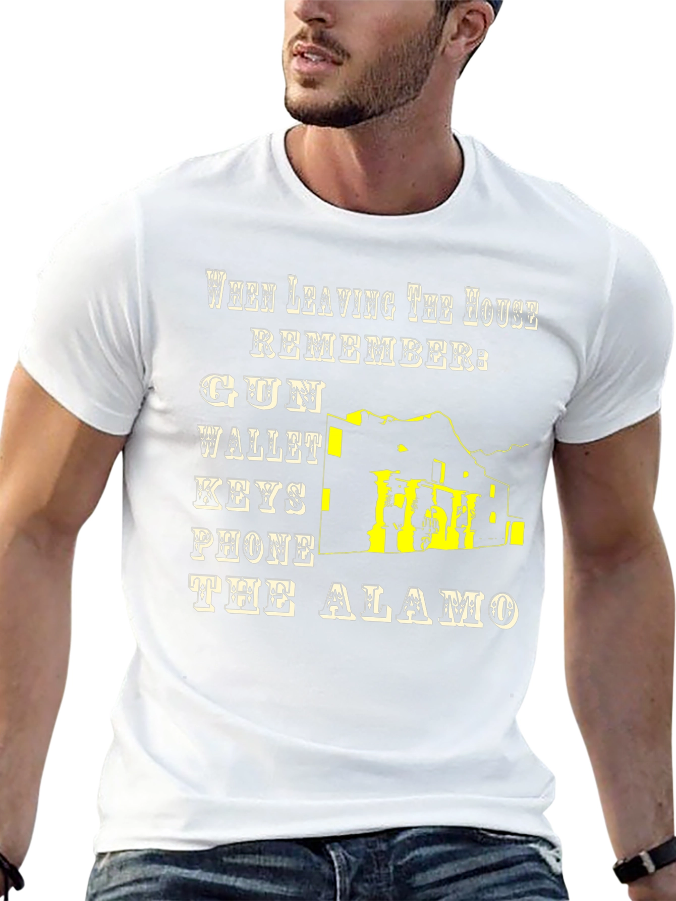 Leaving House T-Shirt: Gun Wallet Keys Phone Alamo