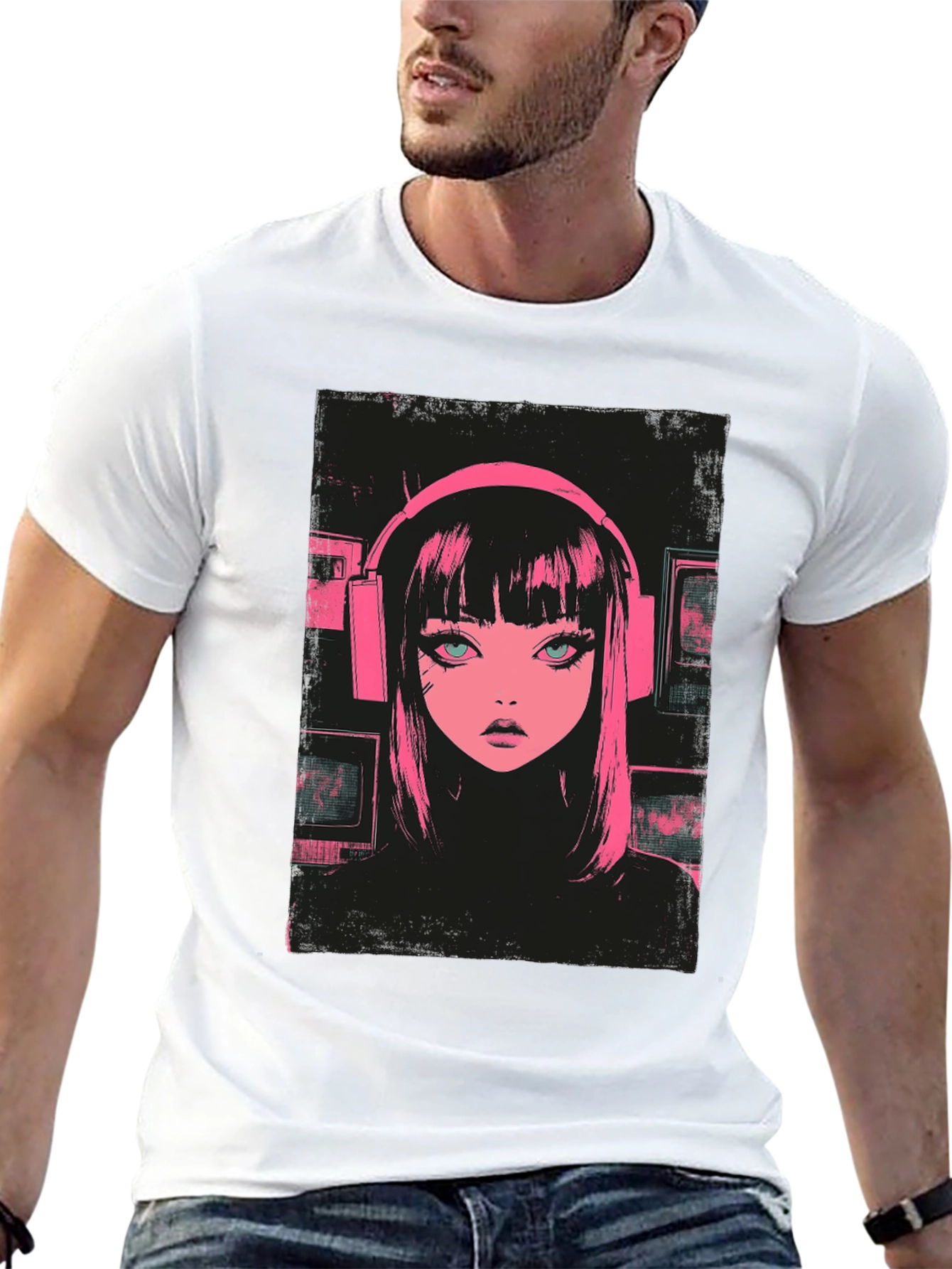Anime Girl Pink Headphones Black T-Shirt