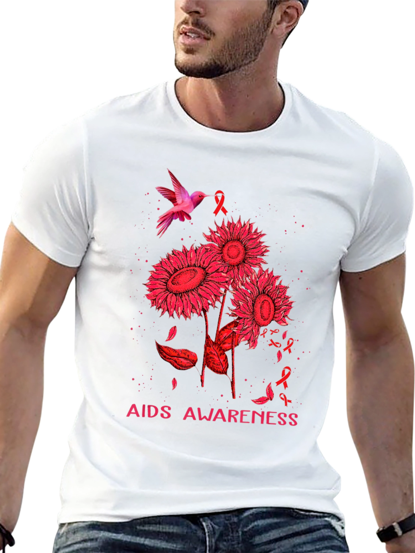 AIDS Awareness T-Shirt with Hummingbird and Sunflowers