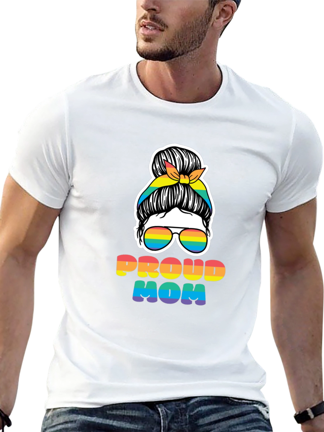 Proud Mom Messy Bun Rainbow LGBTQ Pride T-Shirt