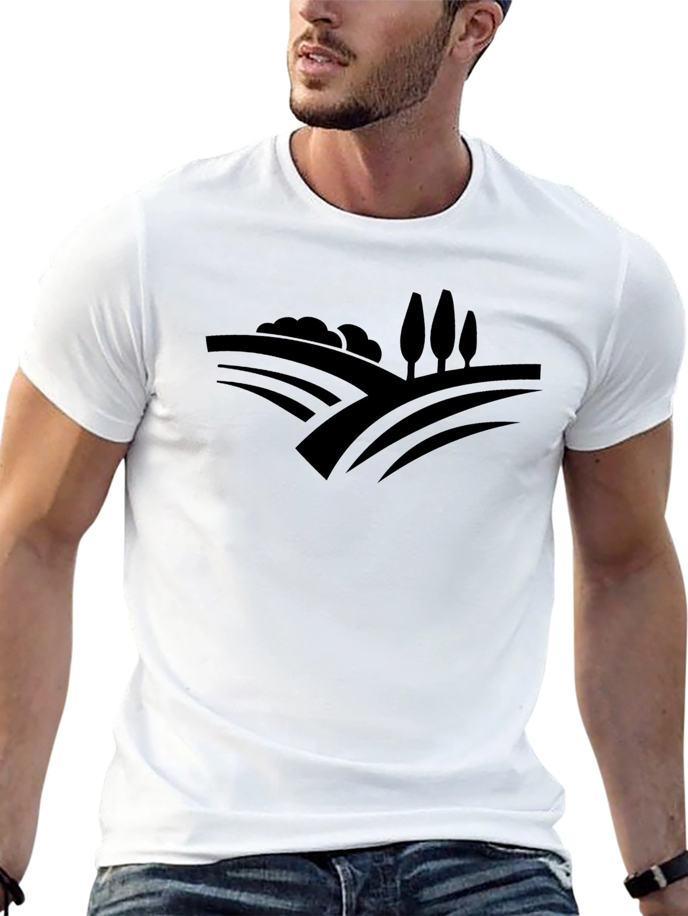 Stylish Black Tee with Countryside Graphic Design