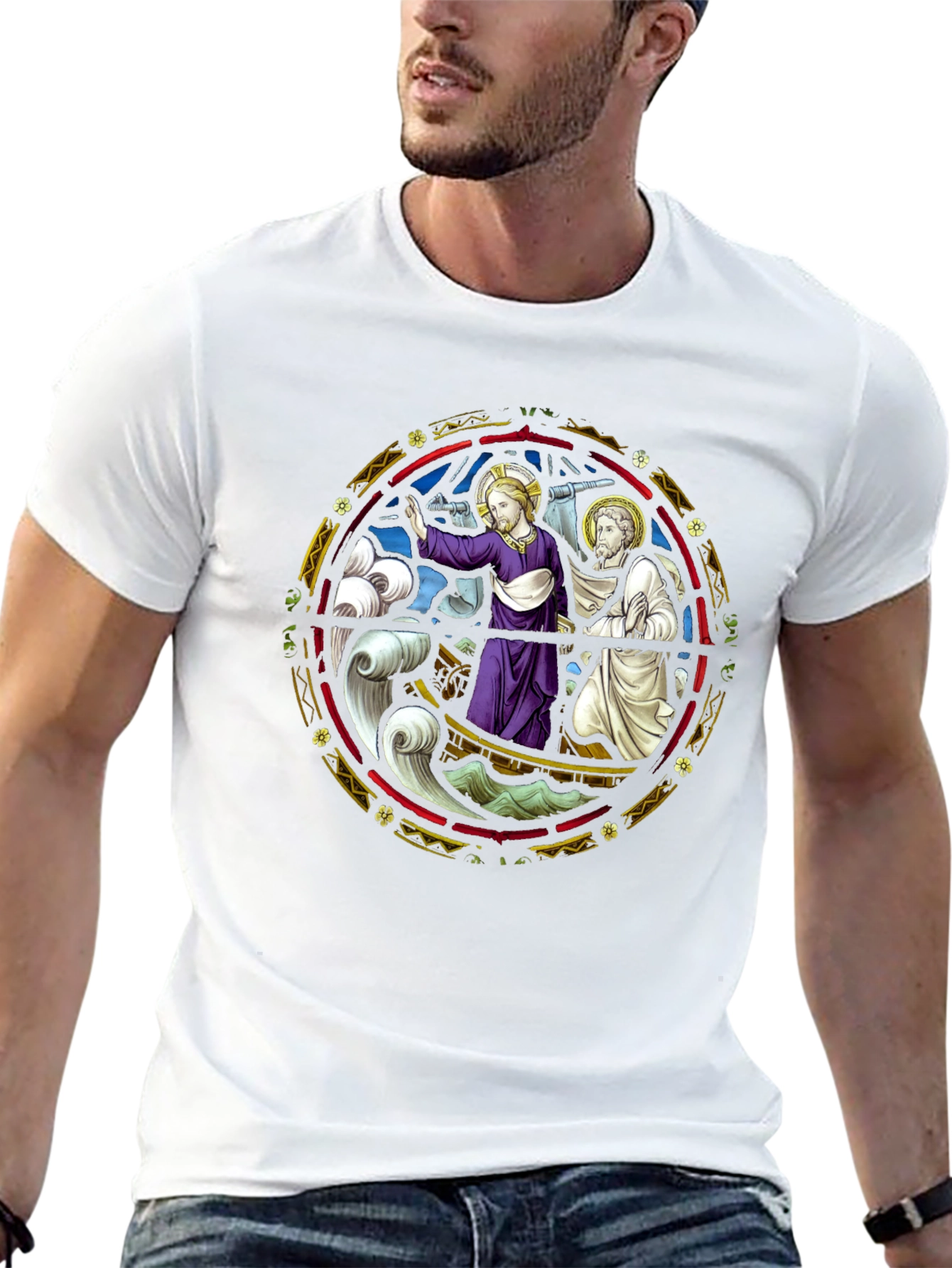 Religious Graphic Tee - Jesus Boat Stained Glass