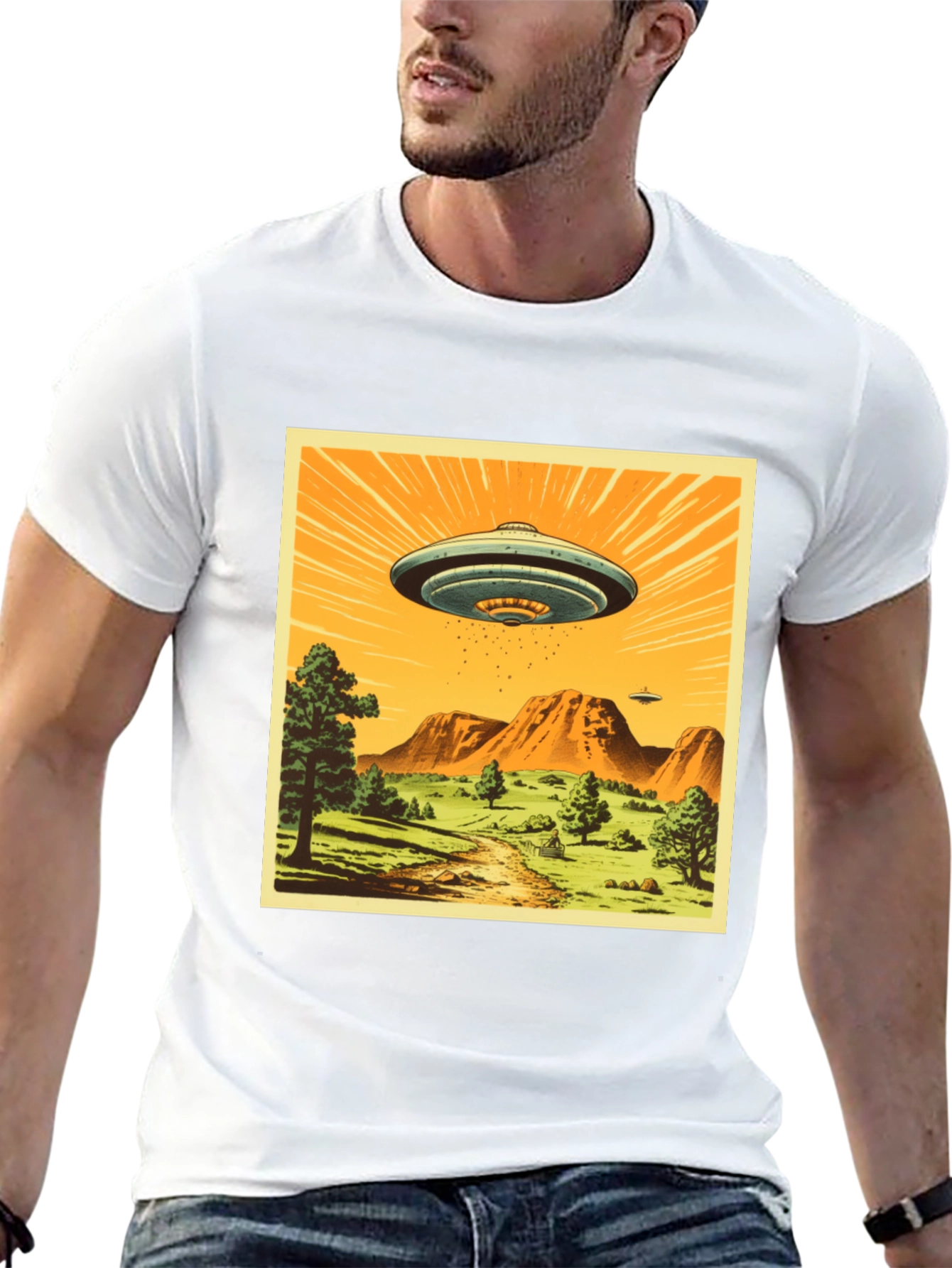 UFO Graphic Print T-Shirt - Black Crew Neck Tee