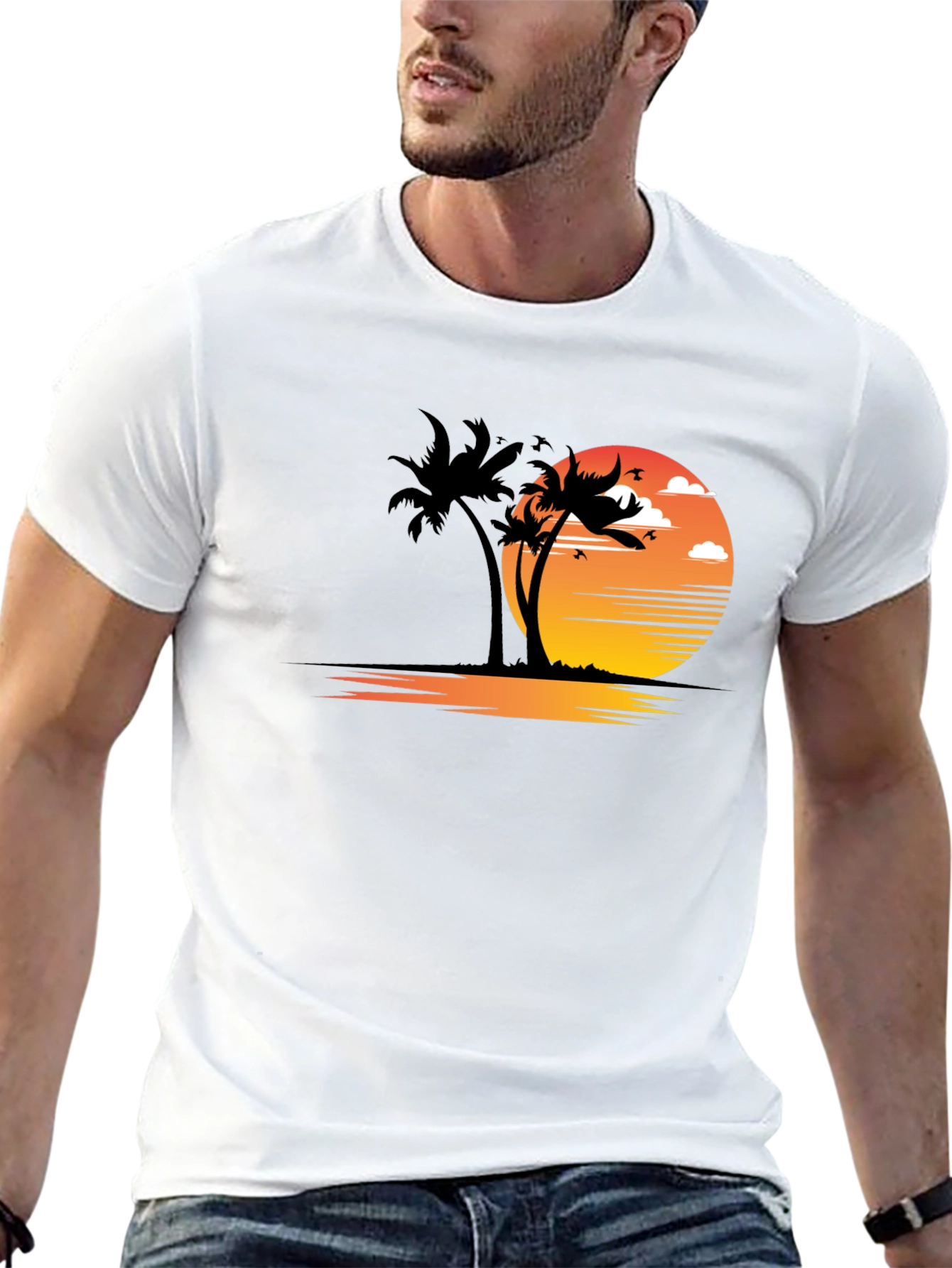 Sunset Palm Tree Graphic Tee - Black
