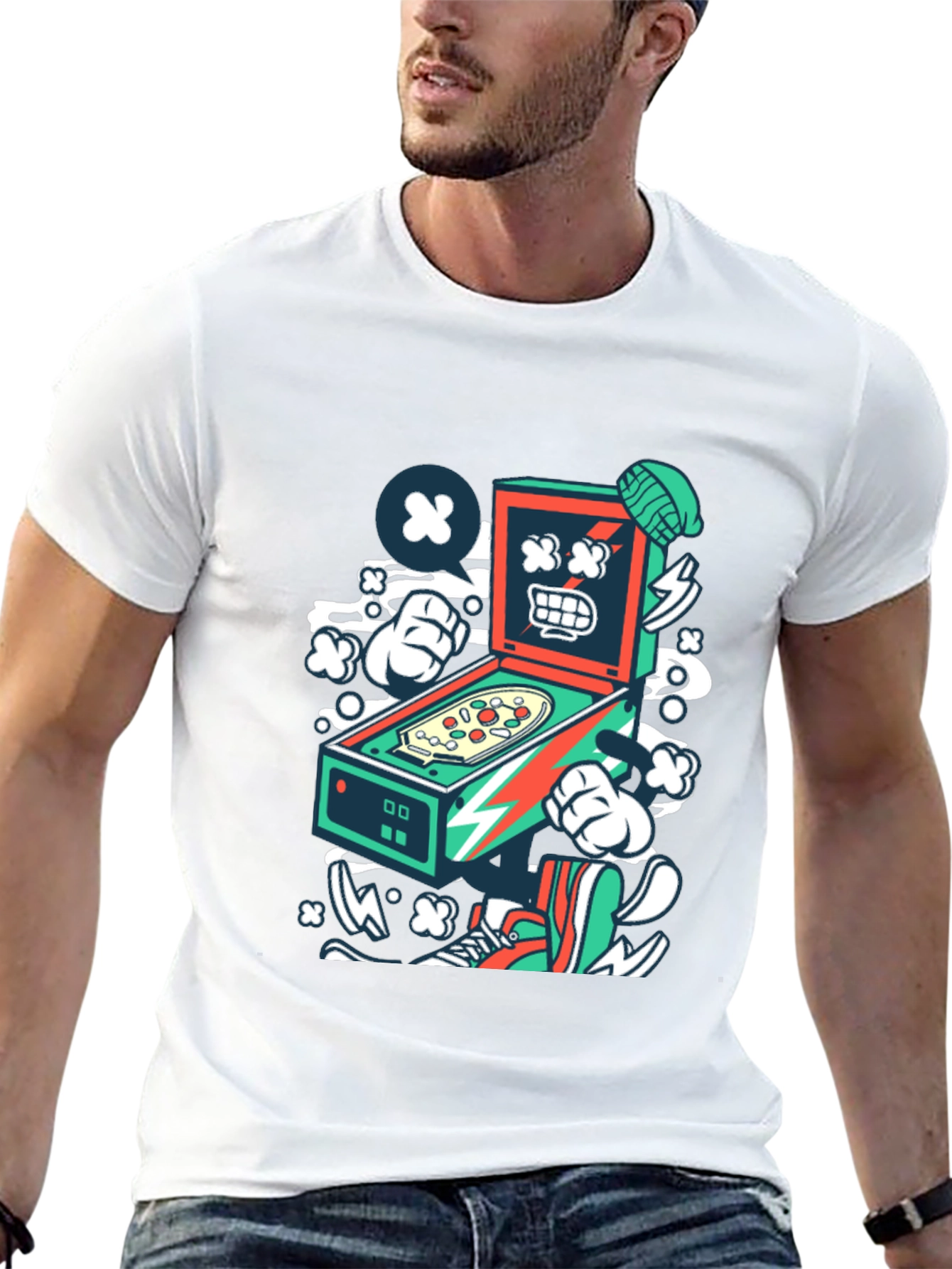 Retro Pinball Machine Graphic Tee - Cool Cartoon Design