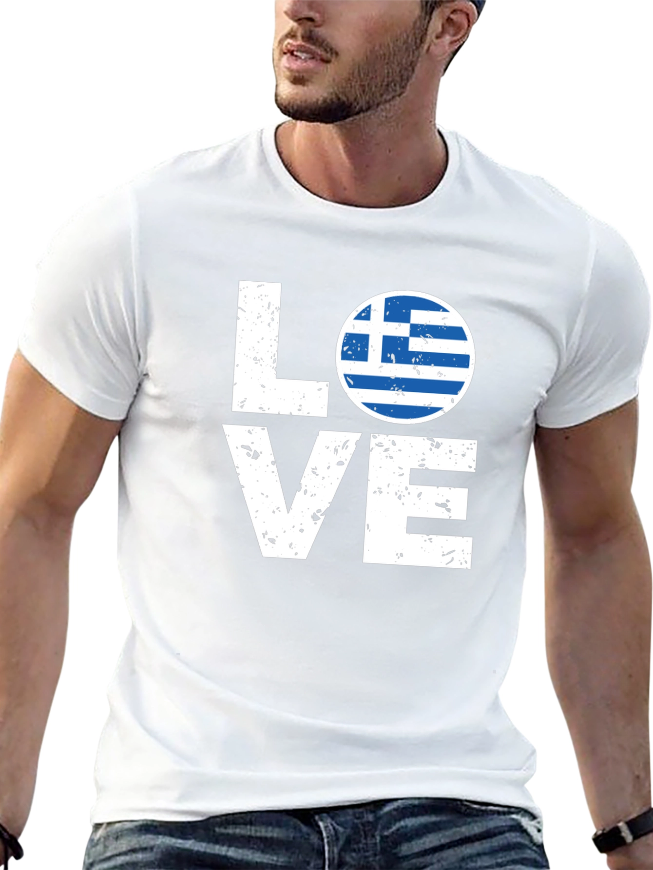 Greece Flag Love T-Shirt - Black Crew Neck Tee