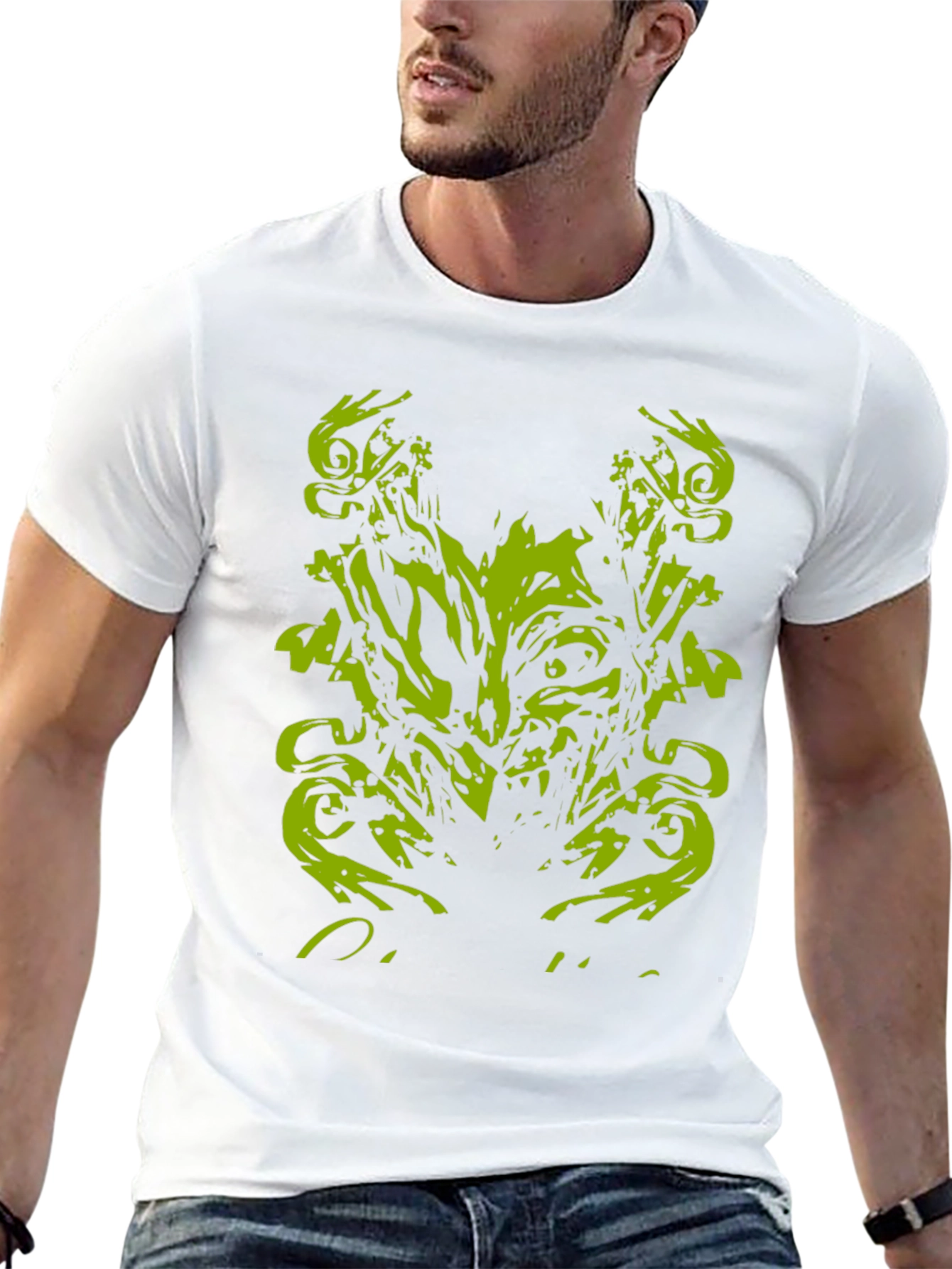 Mens Black T-Shirt with Abstract Green Monster Graphic