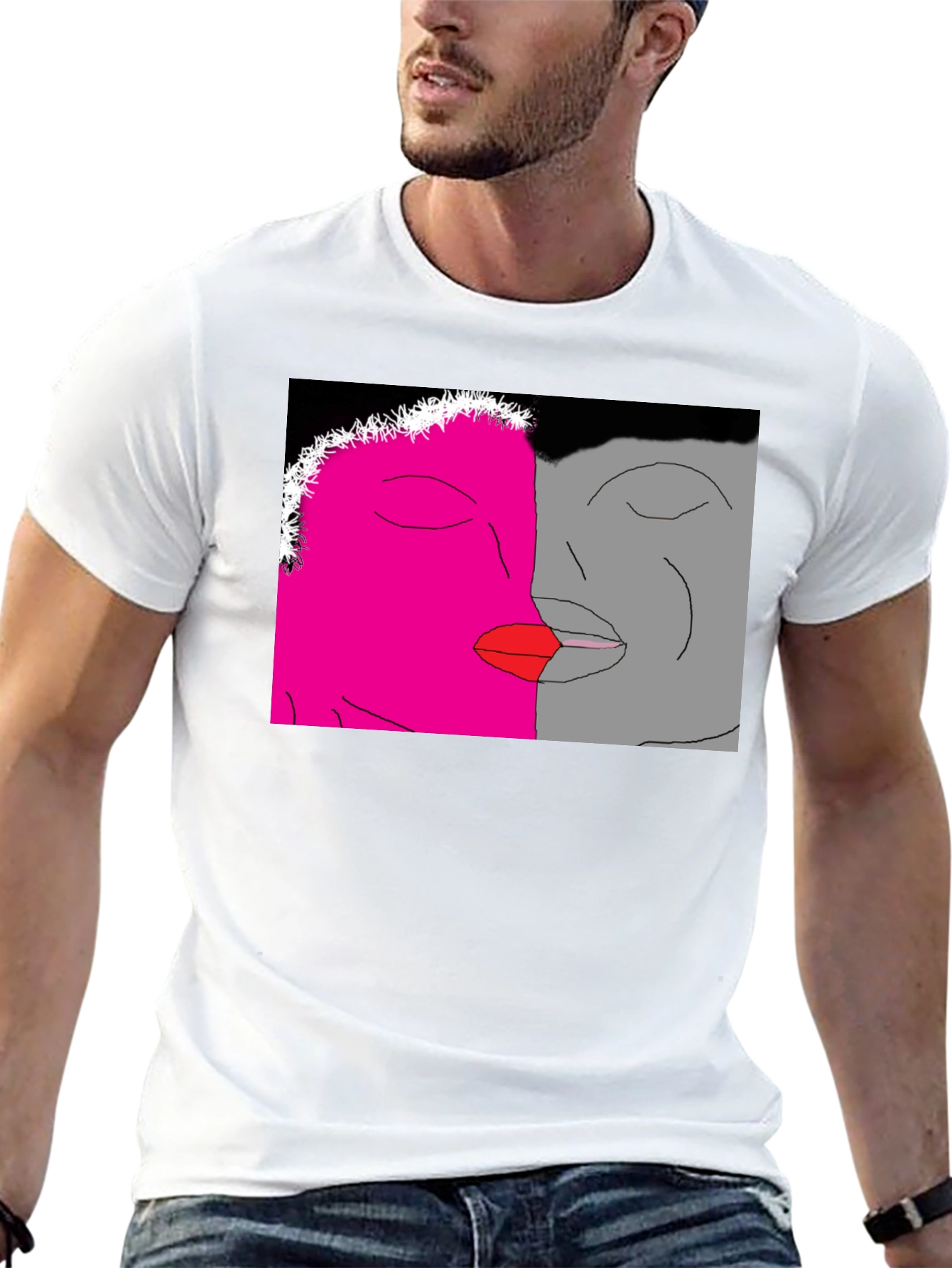 Unique Artistic Black T-Shirt with Kissing Faces Design