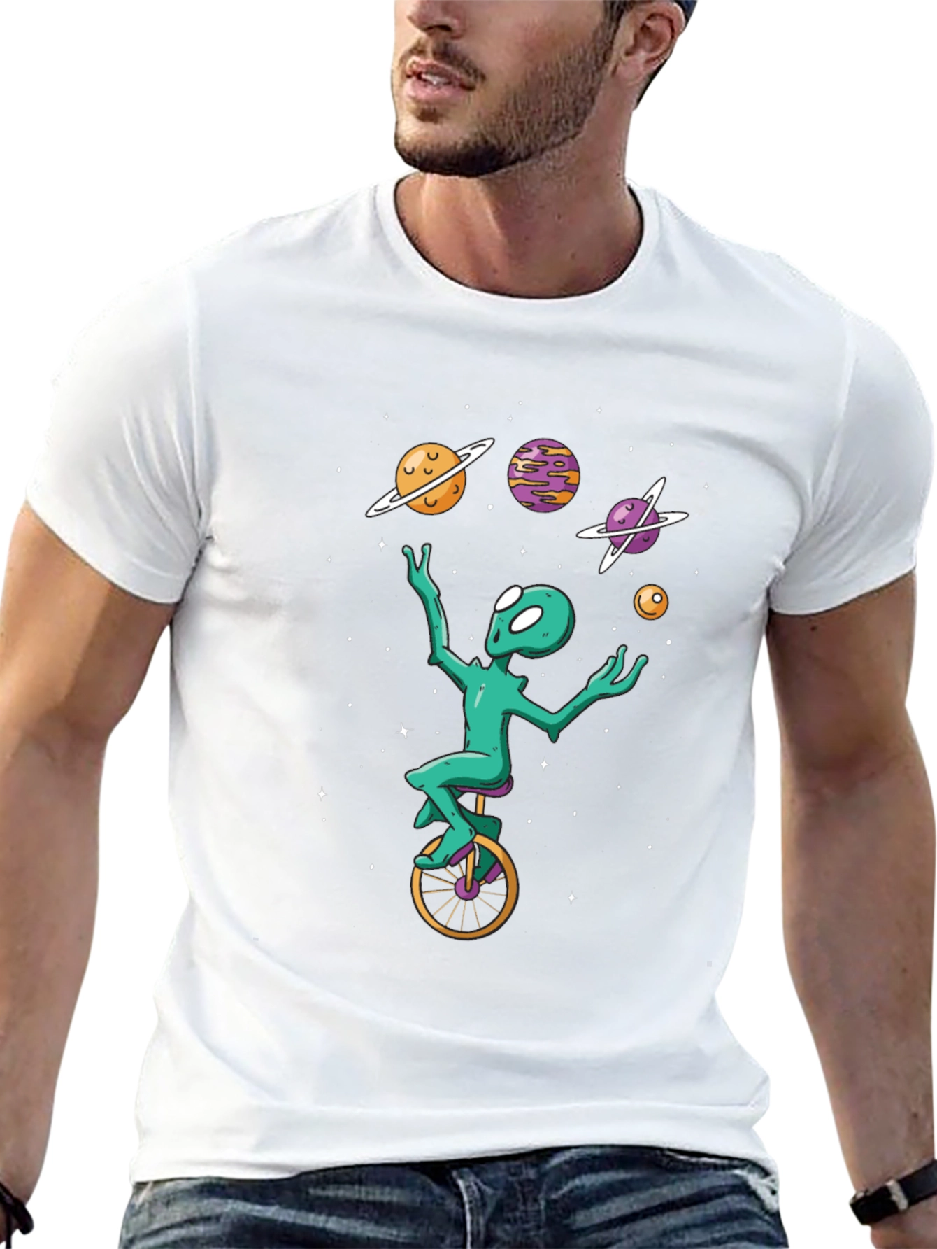 Alien Juggling Planets on Unicycle T-Shirt