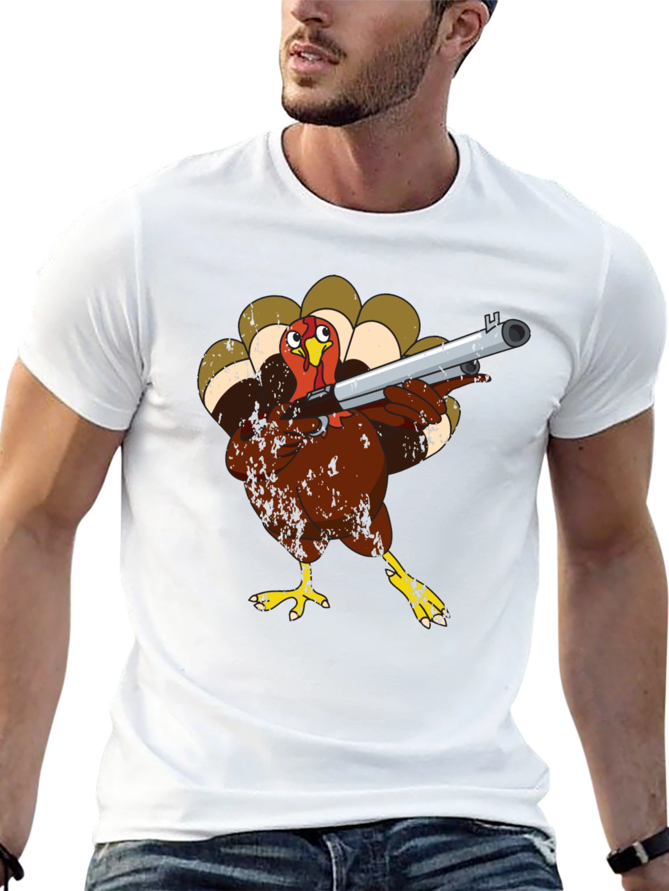 Turkey with Shotgun Black T-Shirt - Funny Thanksgiving Tee