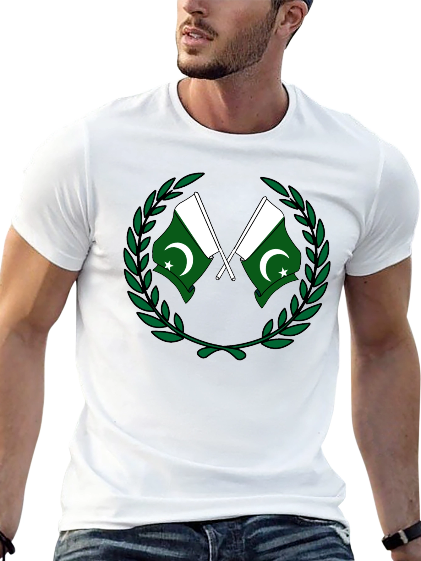 Pakistan Flag T-Shirt - Green and White Crest Design