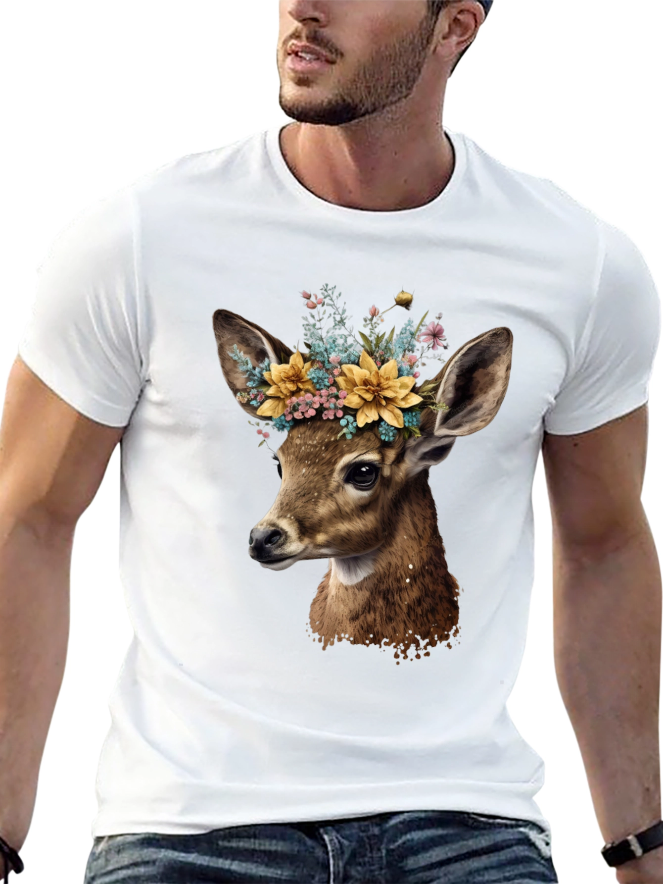Deer with Flower Crown Black T-Shirt