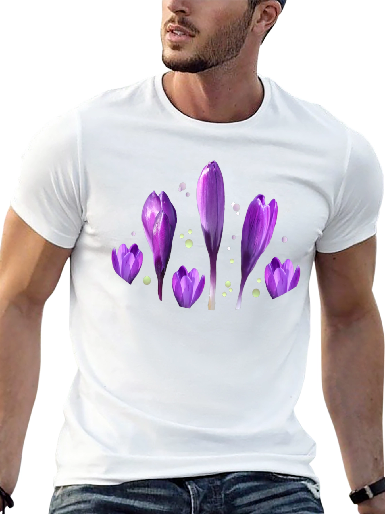 Purple Flower Print Black T-Shirt