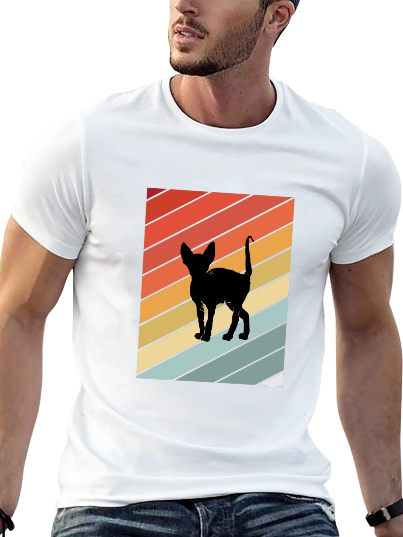 Retro Cat Silhouette Tee - Striped Background