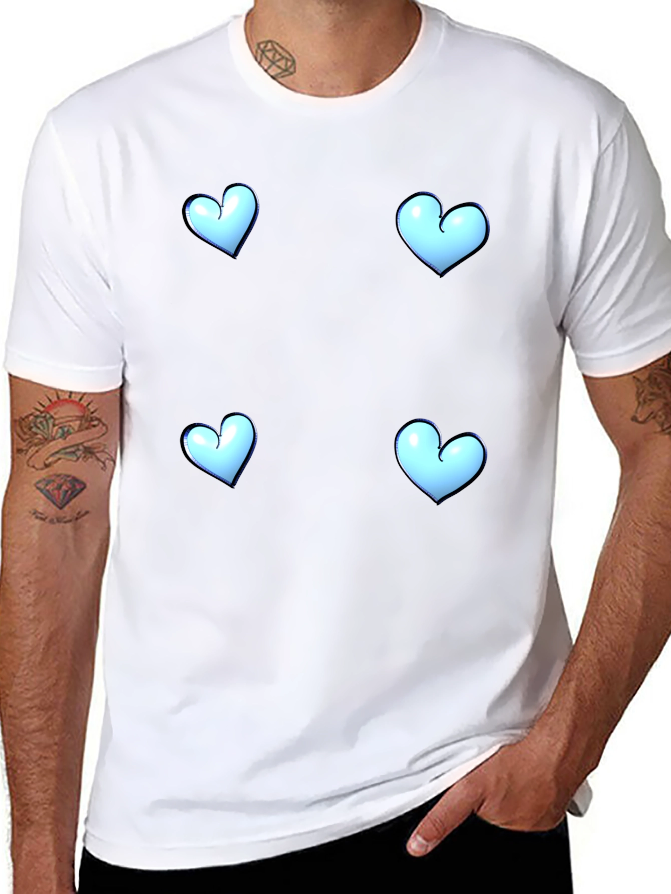 Blue Heart Patterned Black T-Shirt
