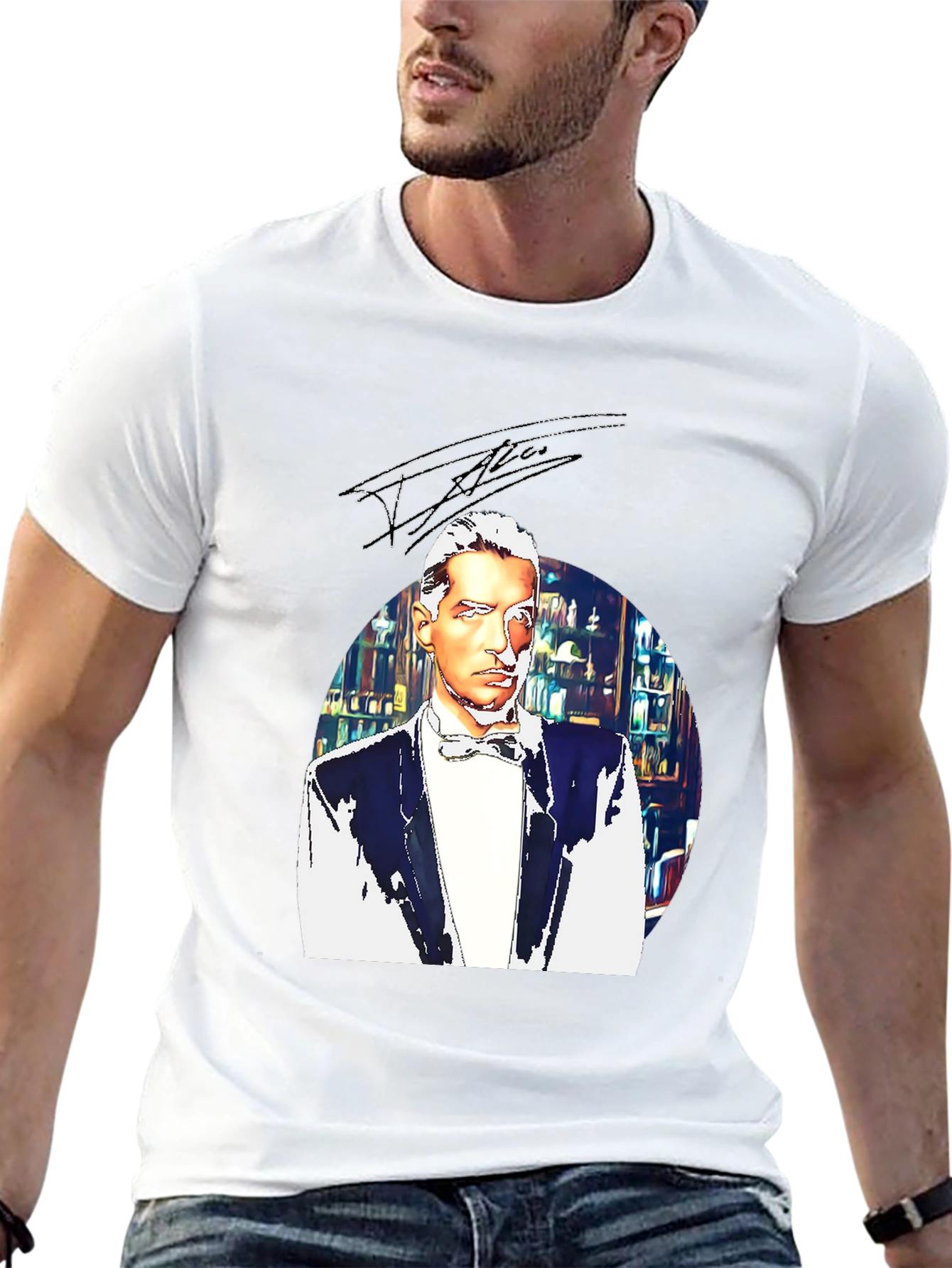 Elegant Man T-Shirt - Bowtie & Library Design