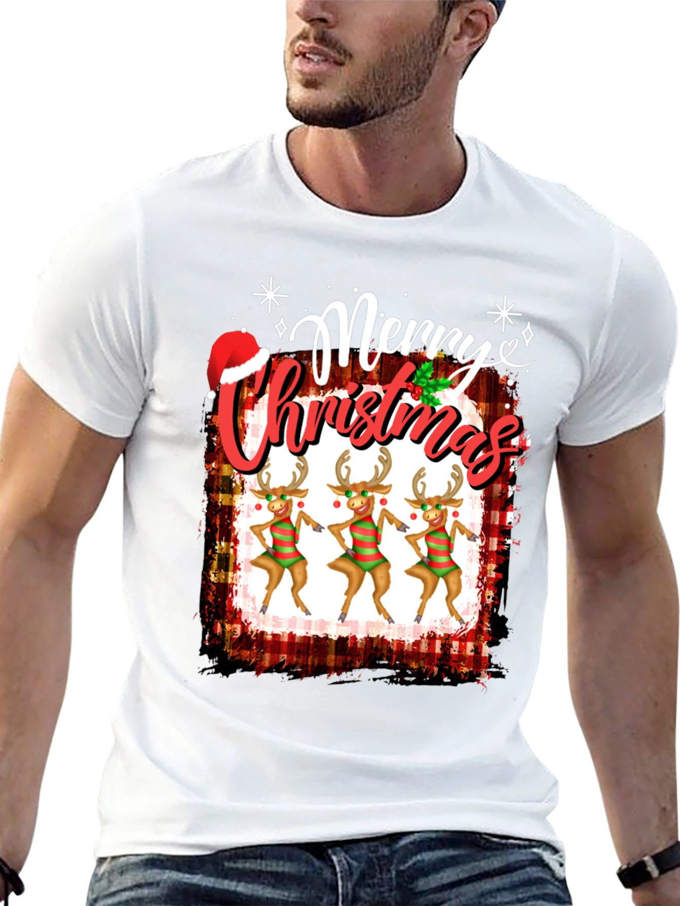 Festive Merry Christmas Reindeer Graphic Tee