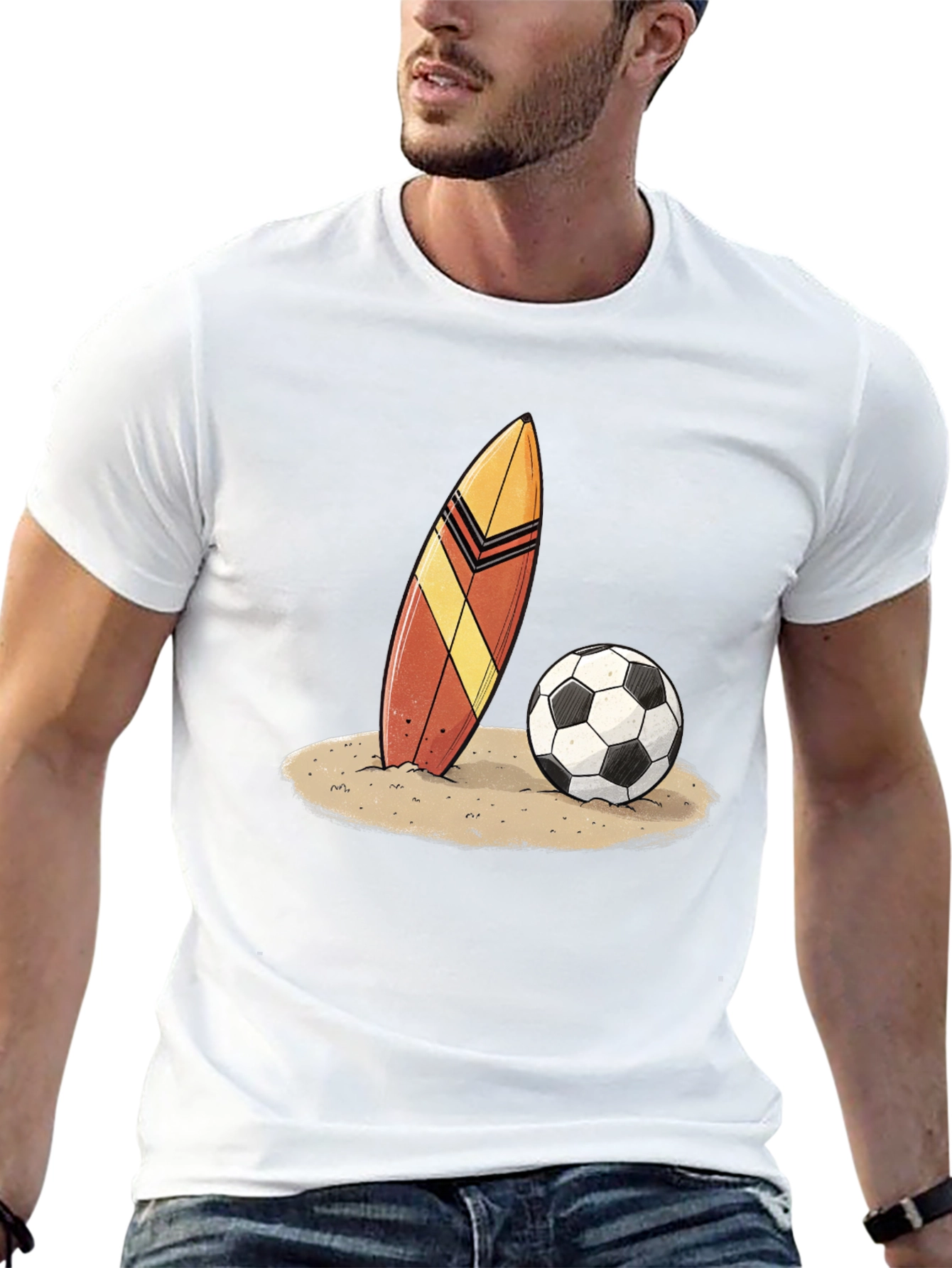 Surfboard and Soccer Ball Graphic Tee - Beach Vibes