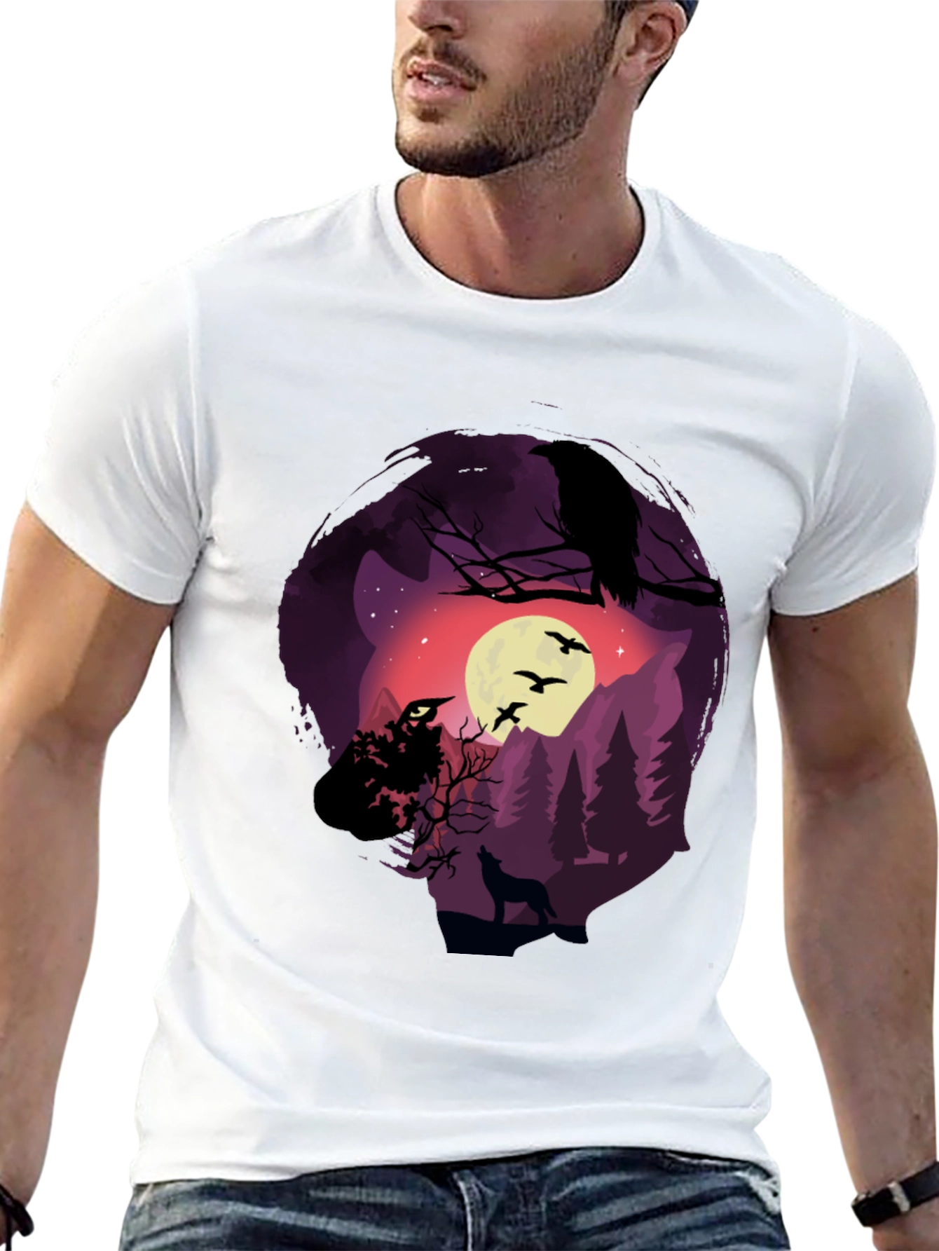 Raven Moon Wolf Graphic T-Shirt