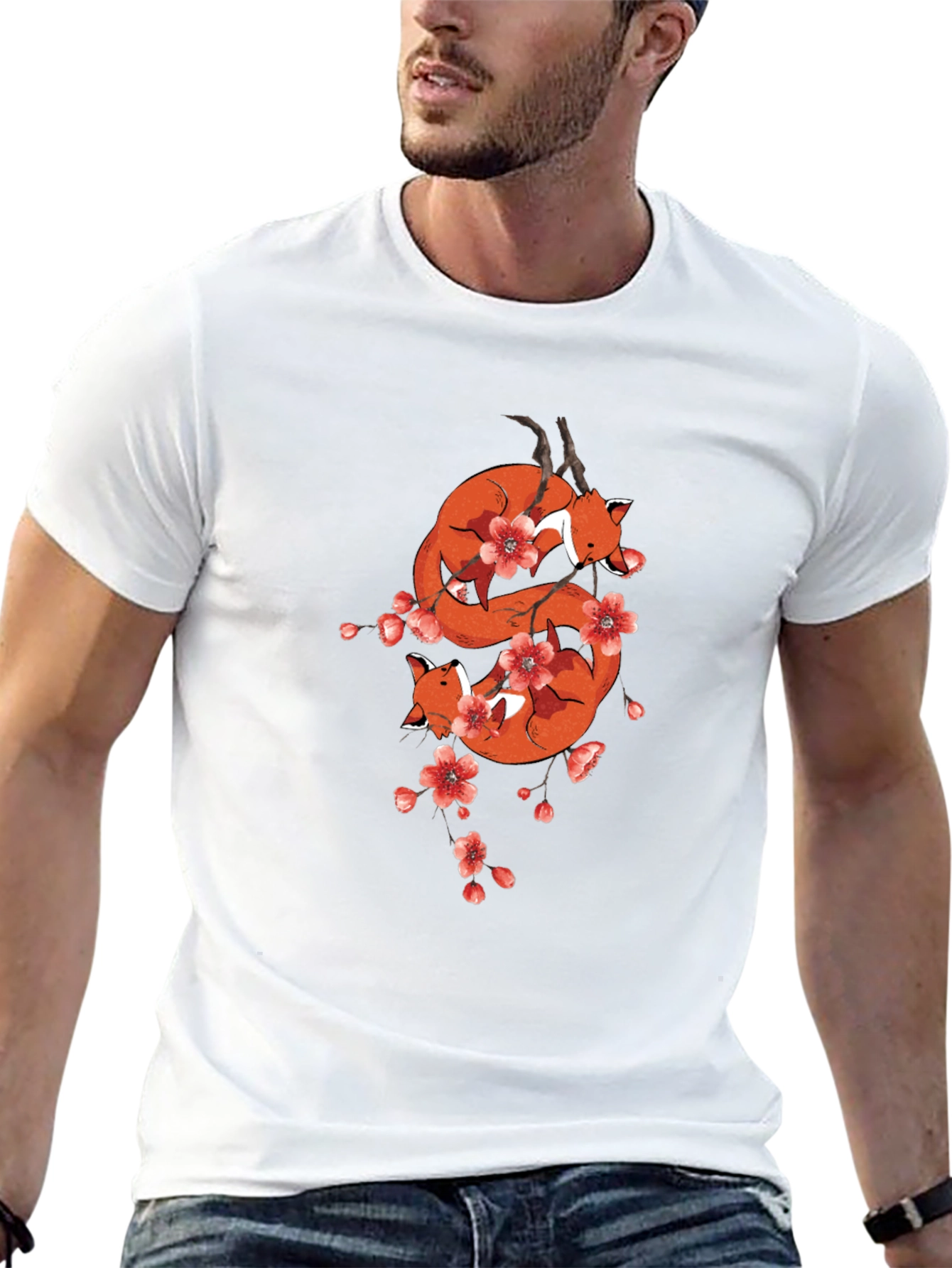 Fox & Cherry Blossom Black T-Shirt