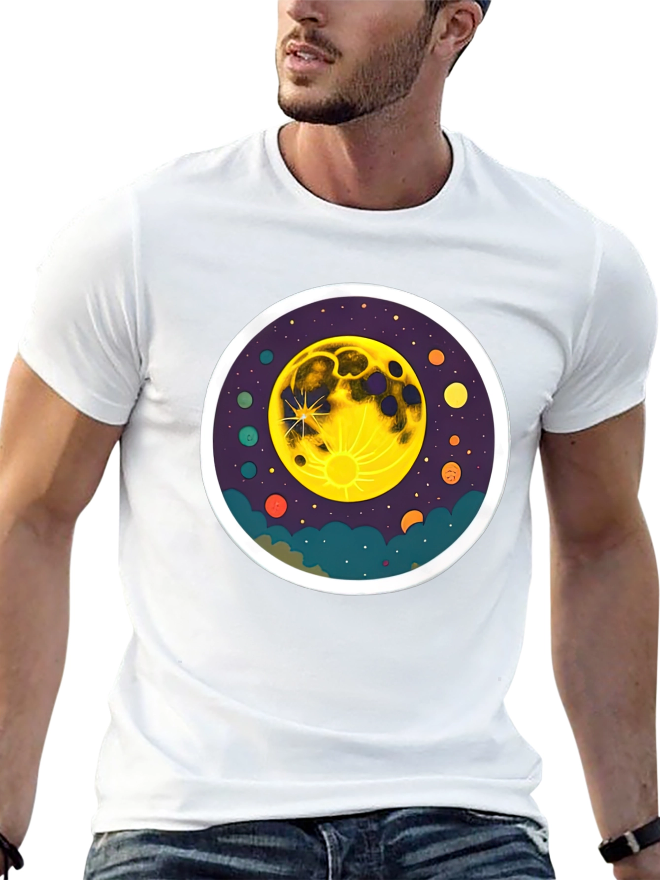 Cosmic Moon Graphic Tee - Black Cotton T-Shirt