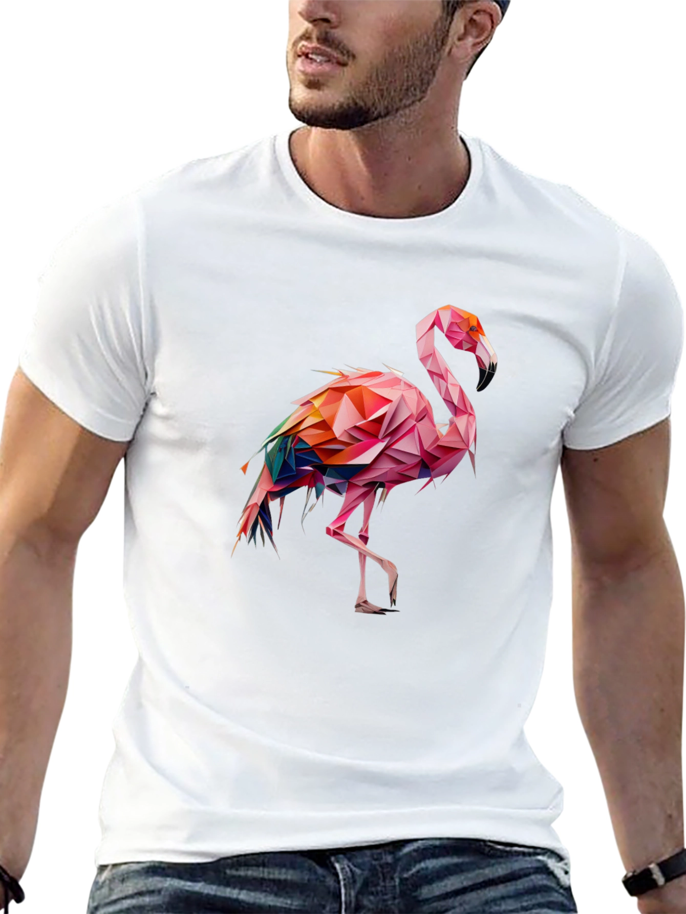 Geometric Flamingo Graphic Tee - Black Cotton Blend
