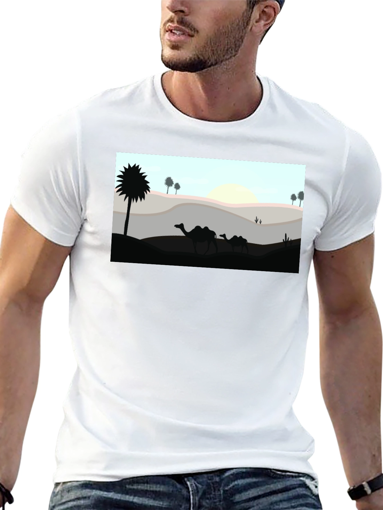 Desert Camel Silhouette Graphic Tee - Black Cotton T-Shirt