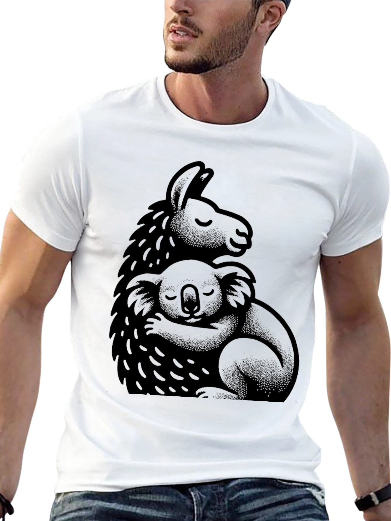 Llama and Koala Hug Black T-Shirt