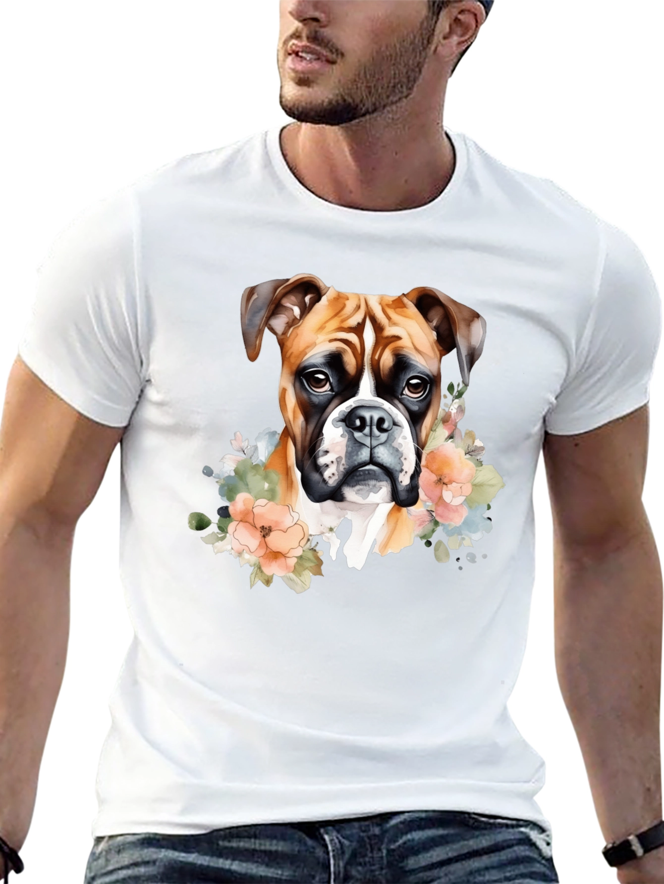 Boxer Dog Floral Graphic Black T-Shirt