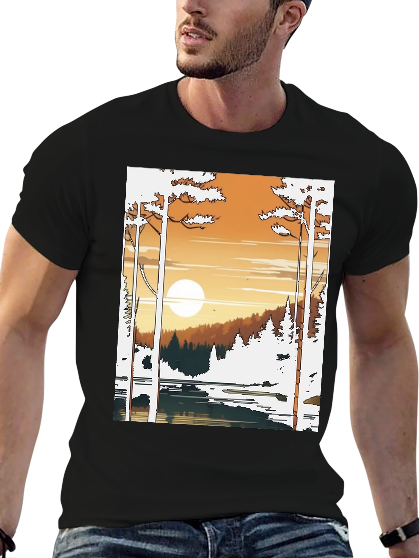 Nature Scene Graphic Tee - Lake and Sunset Design