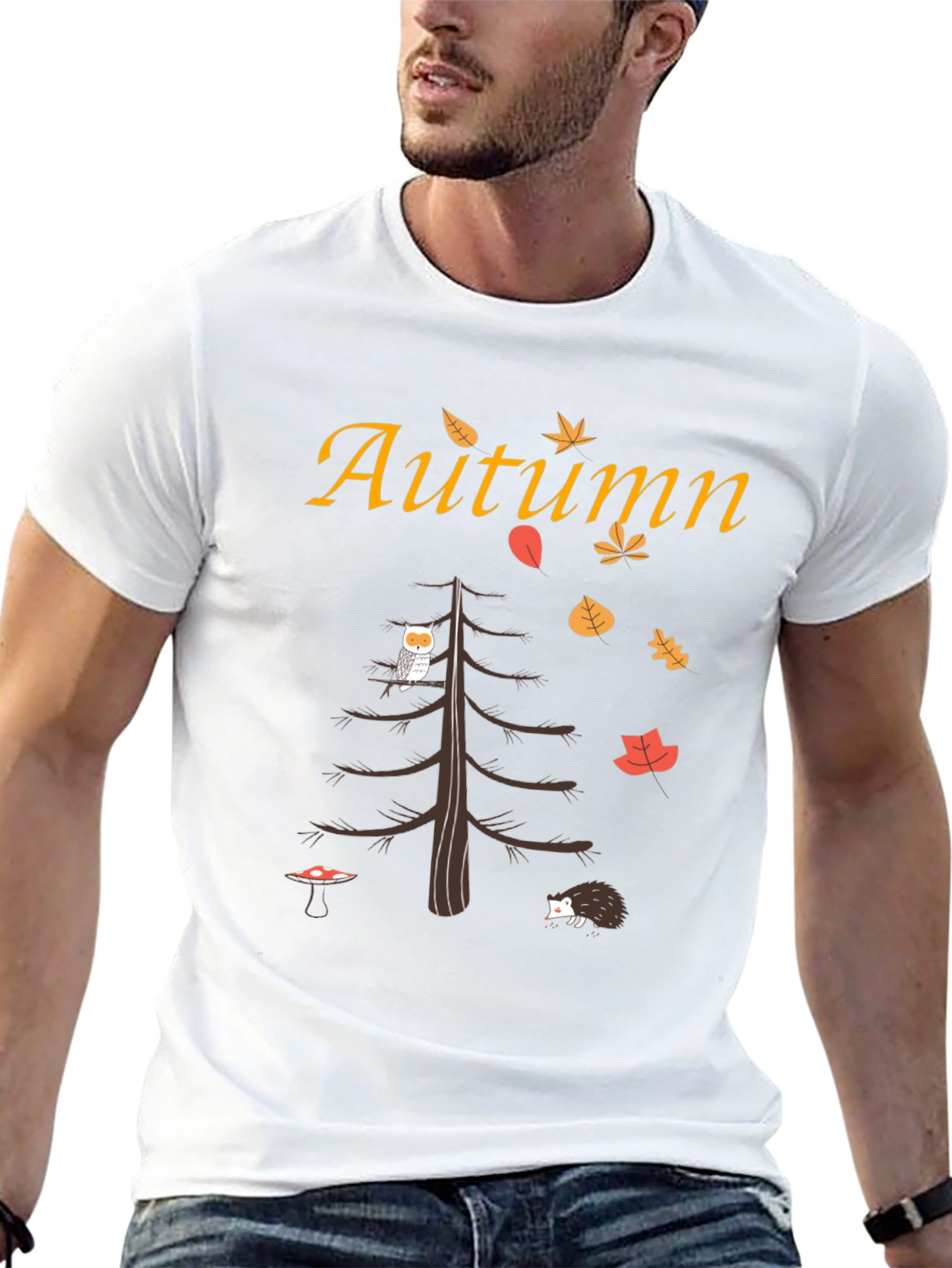 Autumn-Themed Graphic Tee: Owl Hedgehog and Fall Leaves
