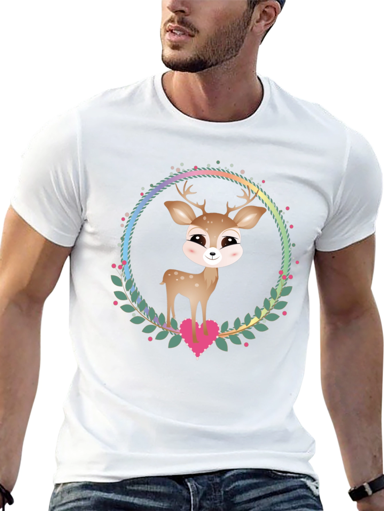 Cute Deer Heart Wreath Graphic Tee - Black