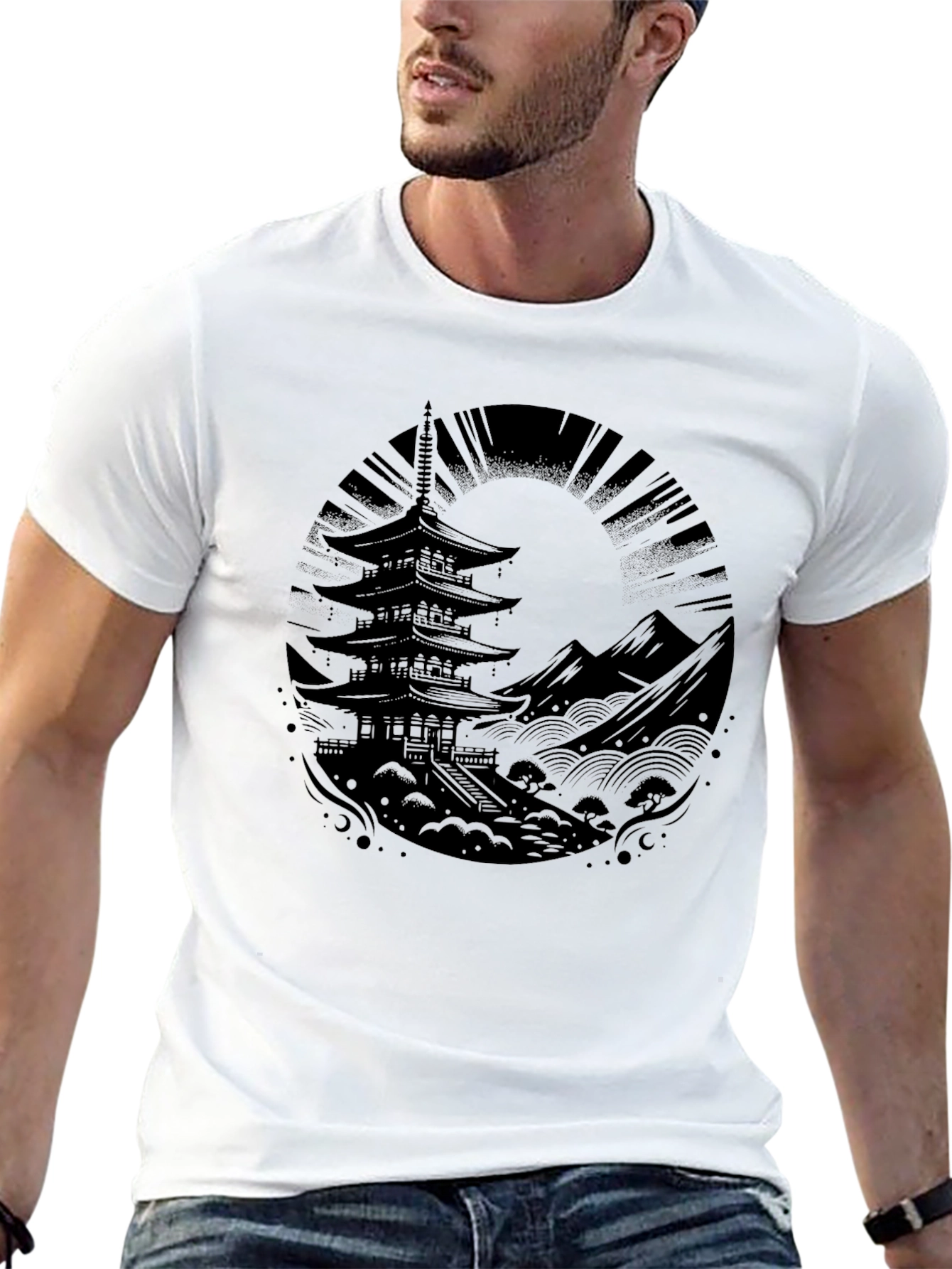 Mens Black Pagoda Graphic Tee