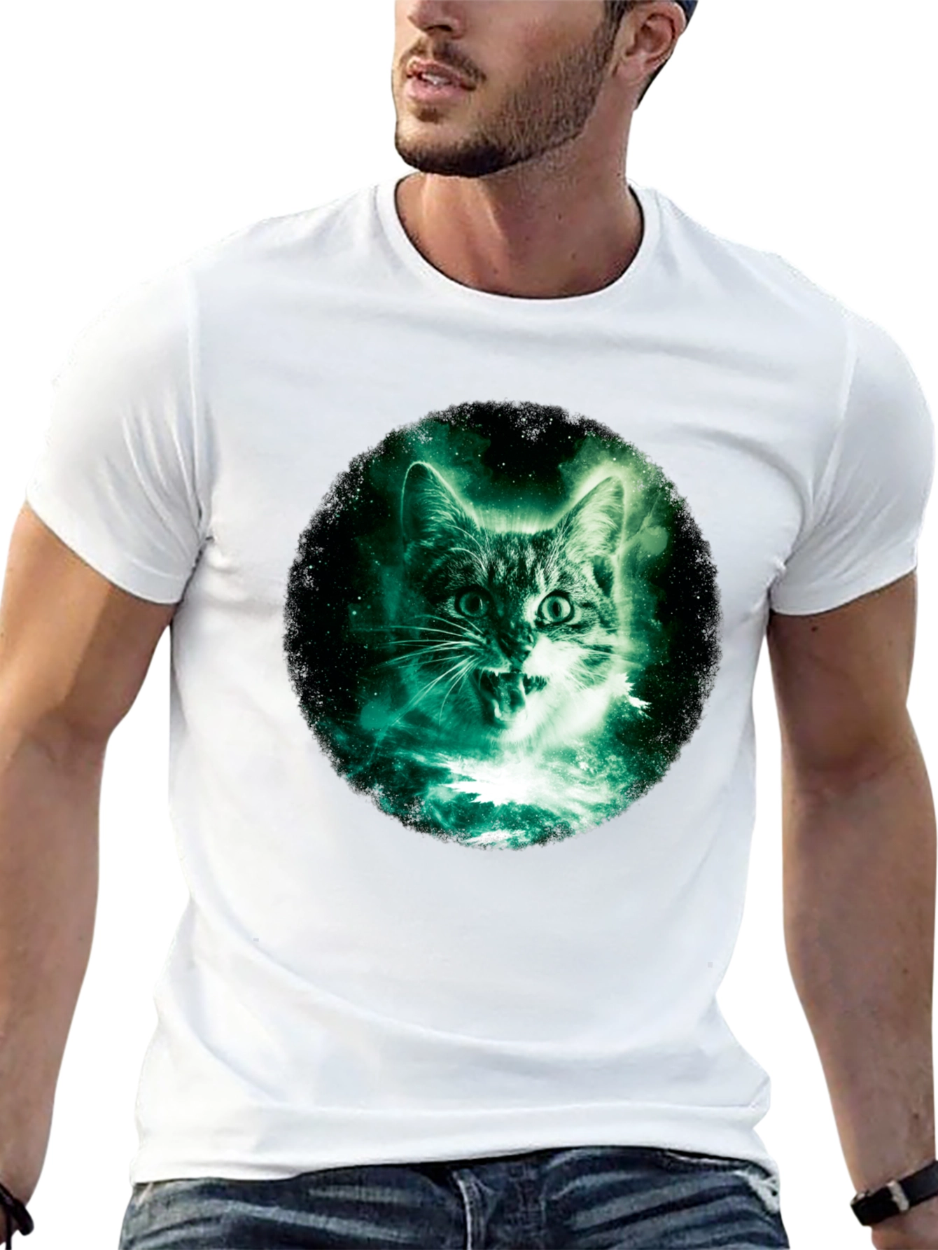 Galaxy Cat Graphic Print Black T-Shirt