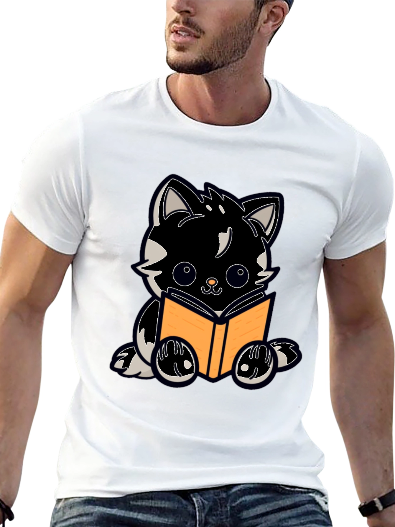 Cartoon Cat Reading Book Graphic Tee