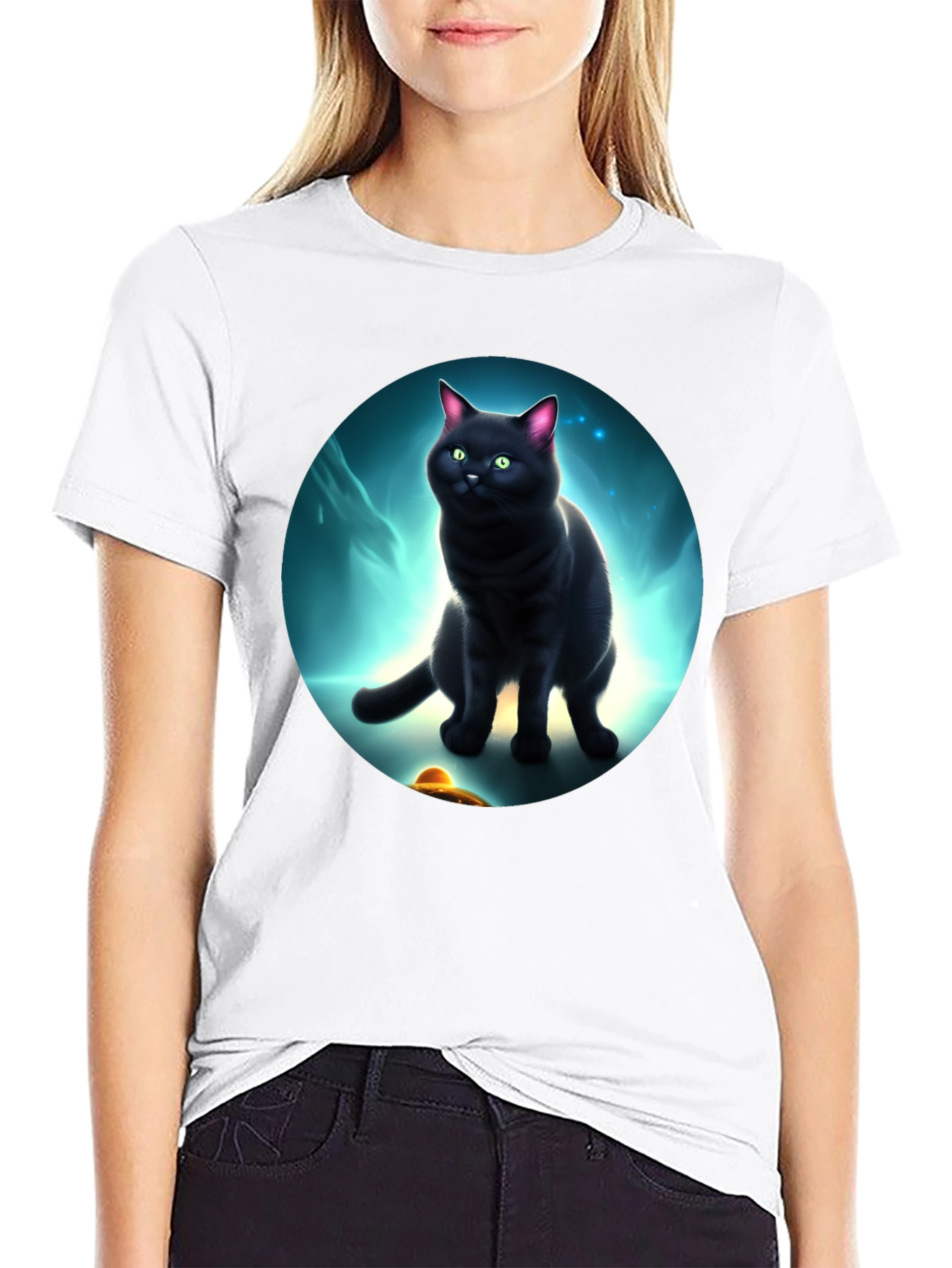 Cosmic Cat T-Shirt: Black Cat UFO Design