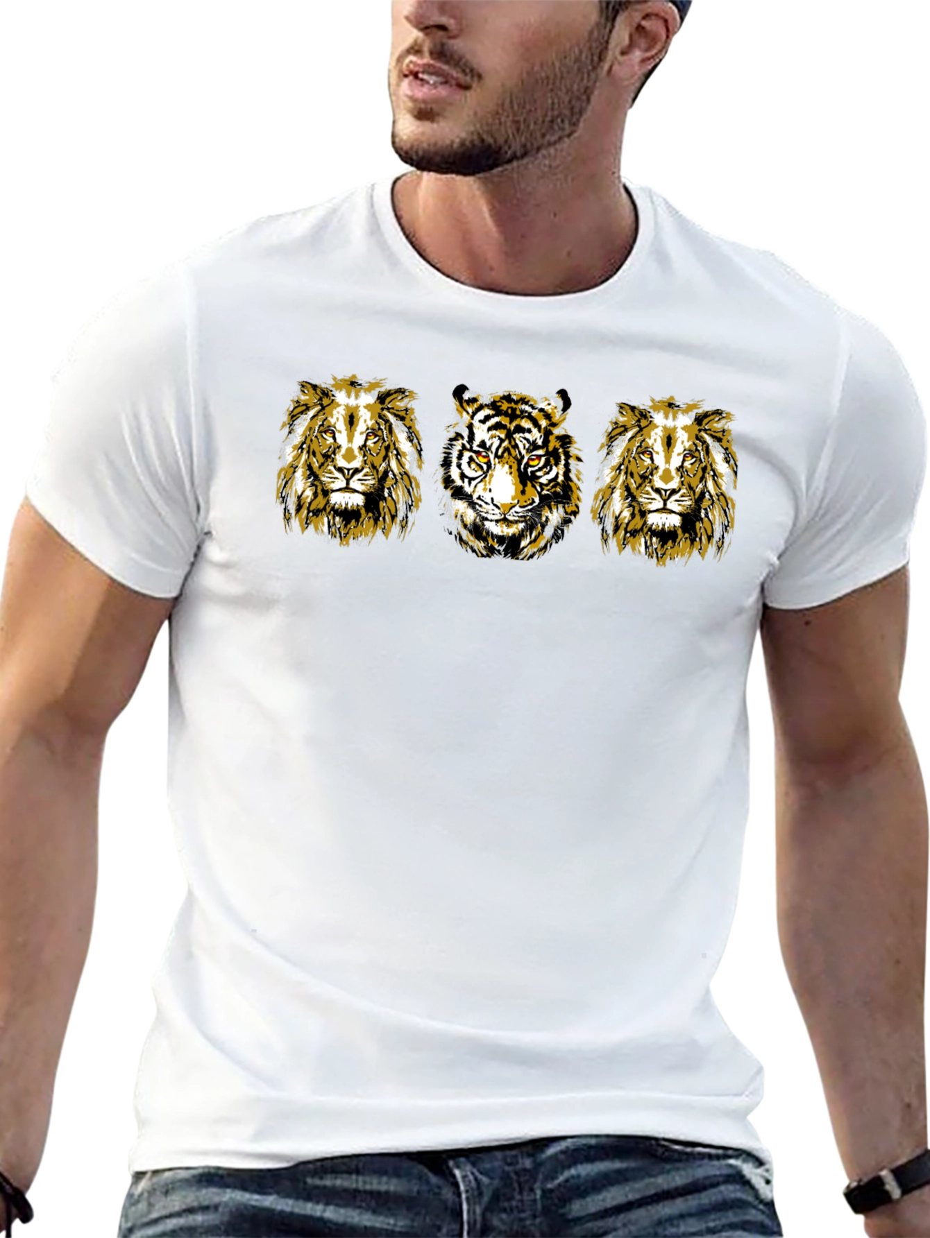Mens Black T-Shirt with Lion and Tiger Graphic