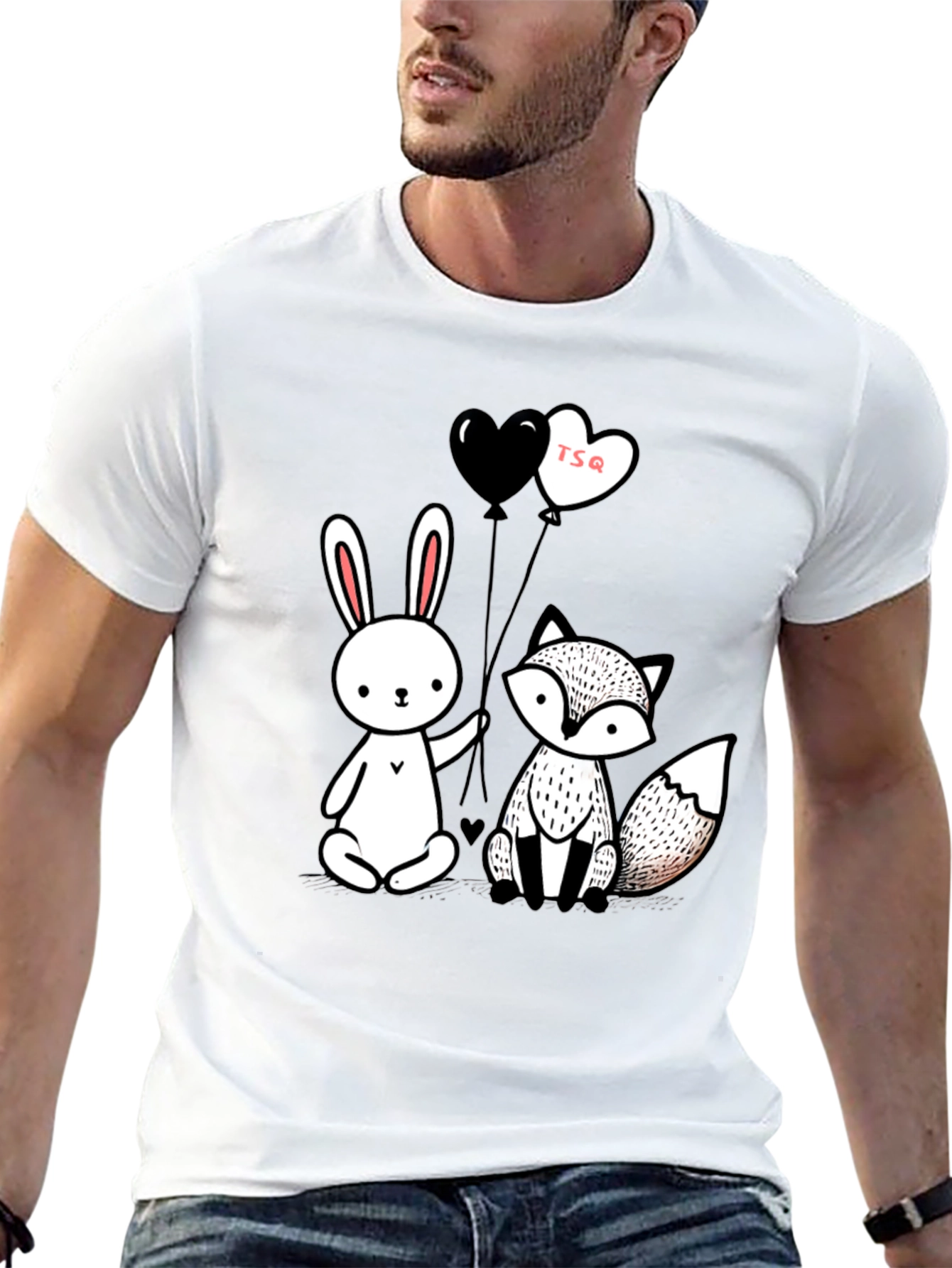 Cute Fox & Rabbit Graphic Tee - Heart Balloons