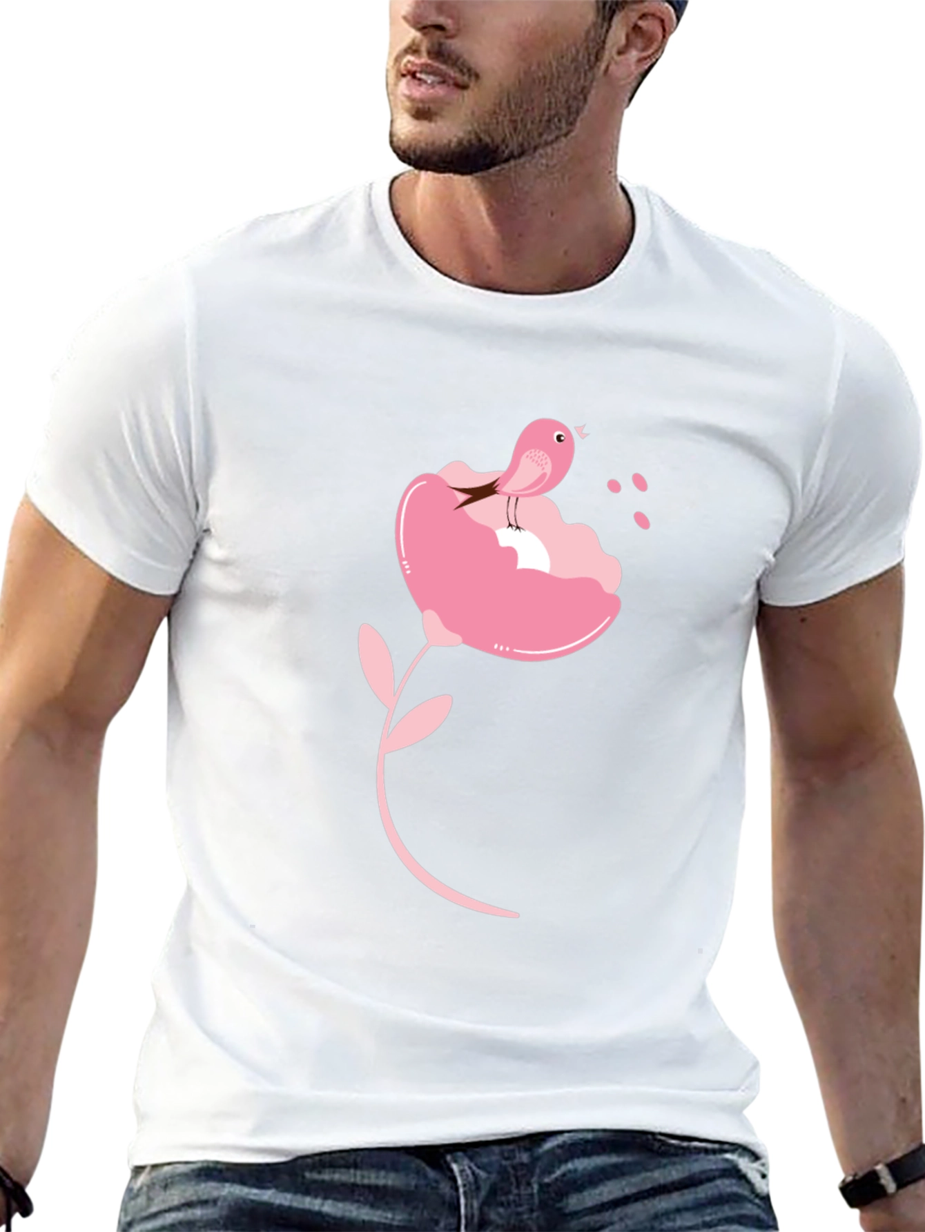 Black T-Shirt with Pink Bird and Flower Design
