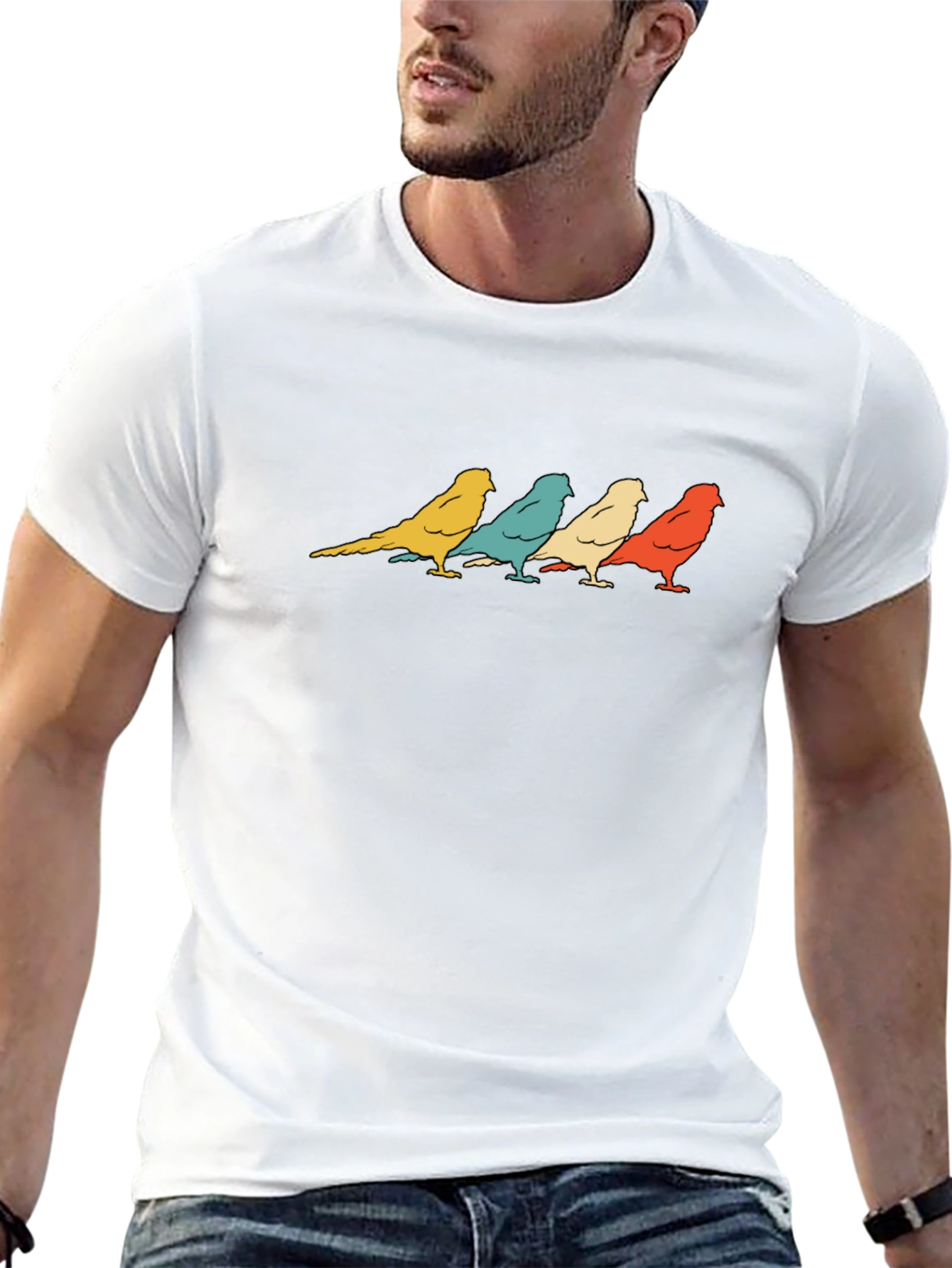 Retro Birds Graphic Print T-Shirt - Black